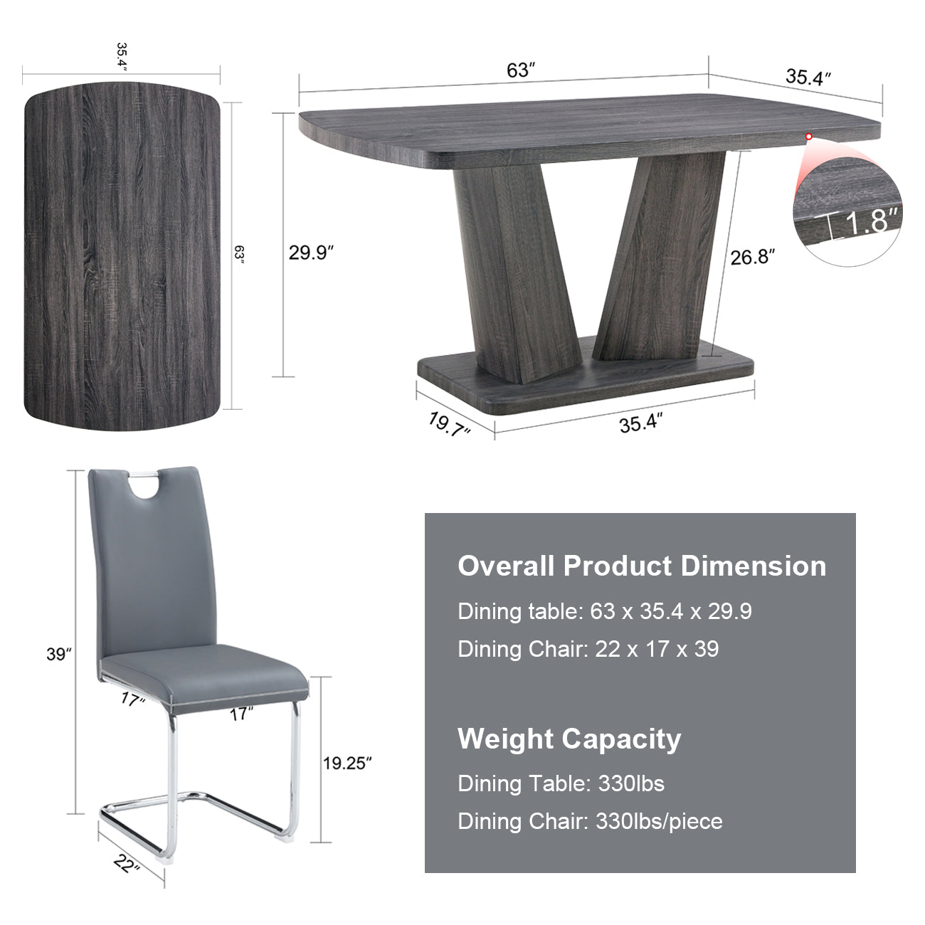 Dining Table Set For 4 6, 5 Piece Dining Table Set, Faux Wood Table Top And Modern Design Mdf Base With 4 Pu Leather Ergonomic Dining Chairs Metal Grey Modern Mdf Metal