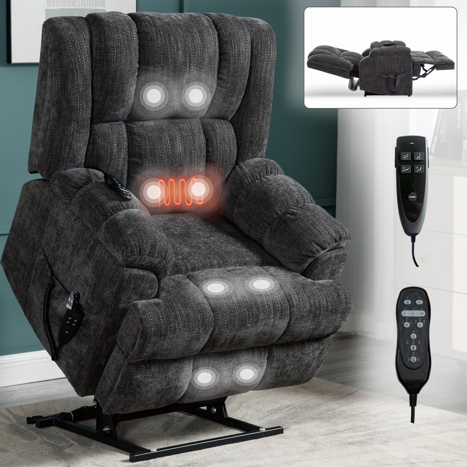 Dual Motor Heat Massage Infinite Position Up To 350 Lbs Electric Power Lift Recliners With Power Remote, Medium Firm And Heavy Duty, Grey White Metal Primary Living Space Heavy Duty Pine Grey Chenille Power Remote Medium Firm Cushion Back American Design
