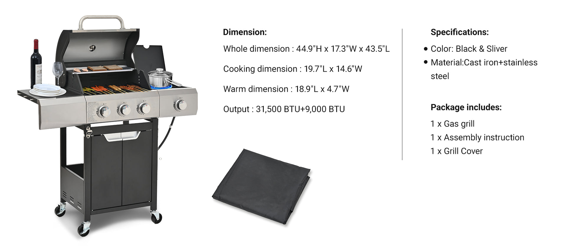 Propane Grill 3 Burner Barbecue Grill Stainless Steel Gas Grill With Side Burner And Cover For Outdoor Bbq, Camping Silver Garden & Outdoor Stainless Steel