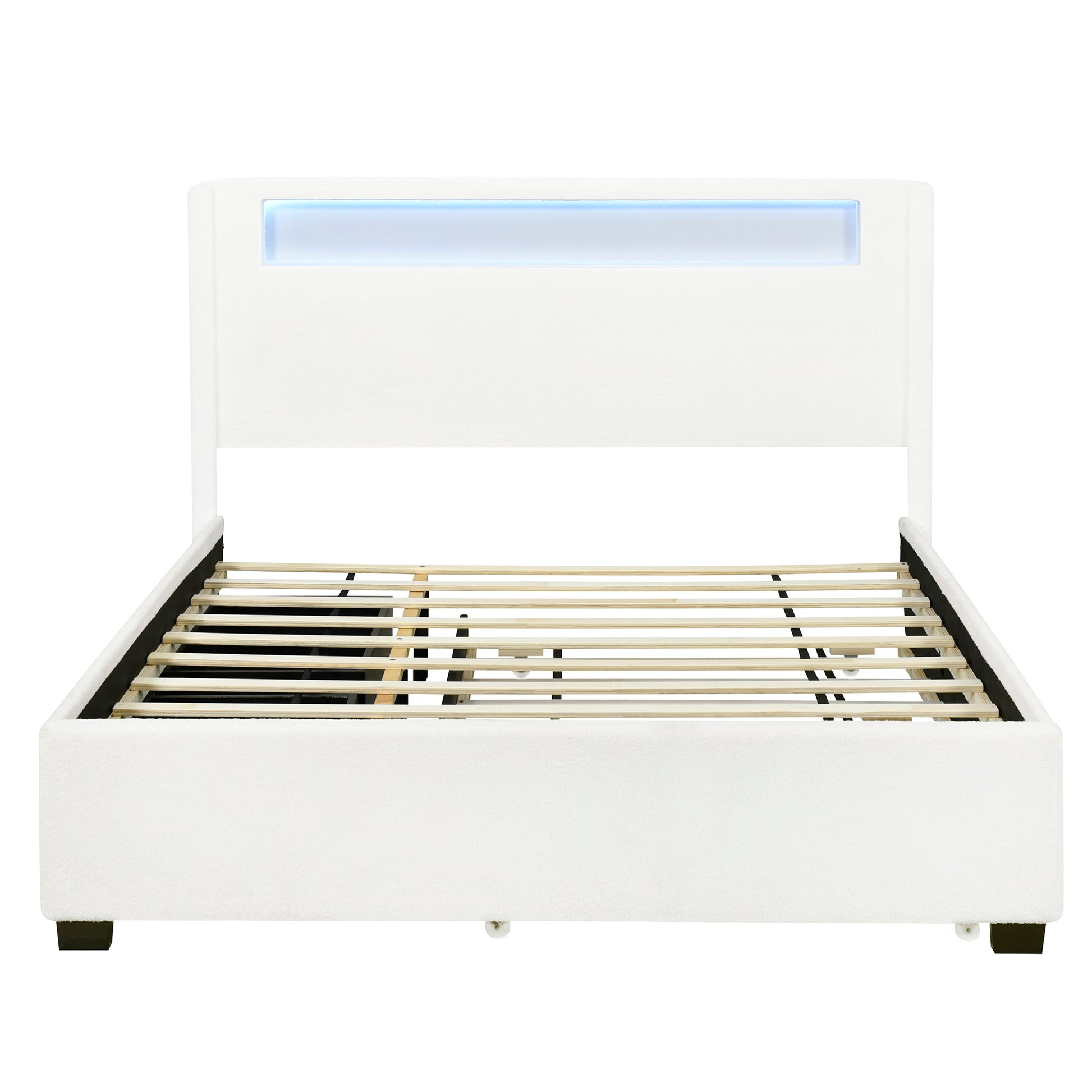 Queen Size Upholstered Platform Bed With Led Frame, With Twin Xl Size Trundle And 2 Drawers, Teddy Fleece, White White Fleece
