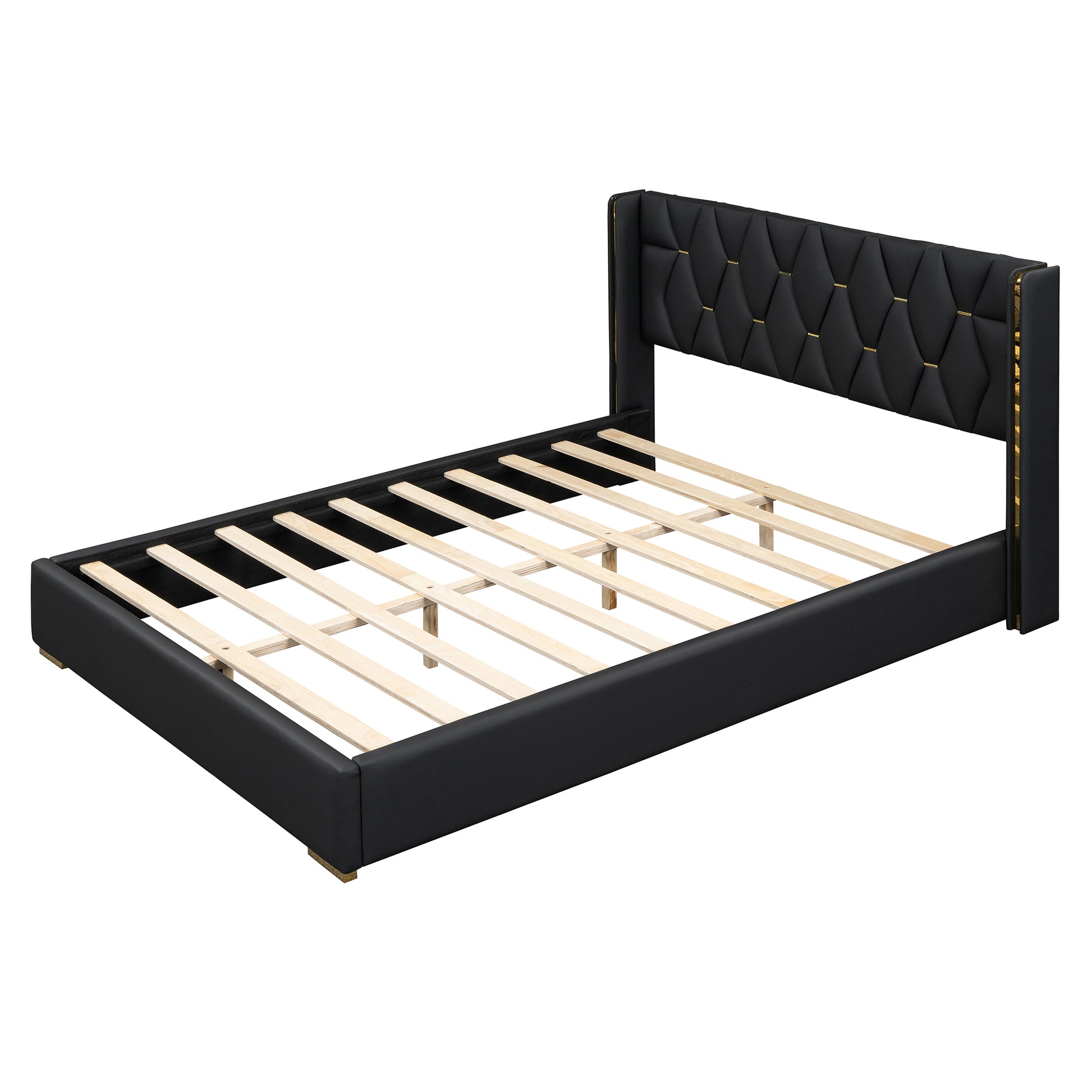 Queen Size Upholstered Platform Bed With Metal Strips, Black Queen Black Pu