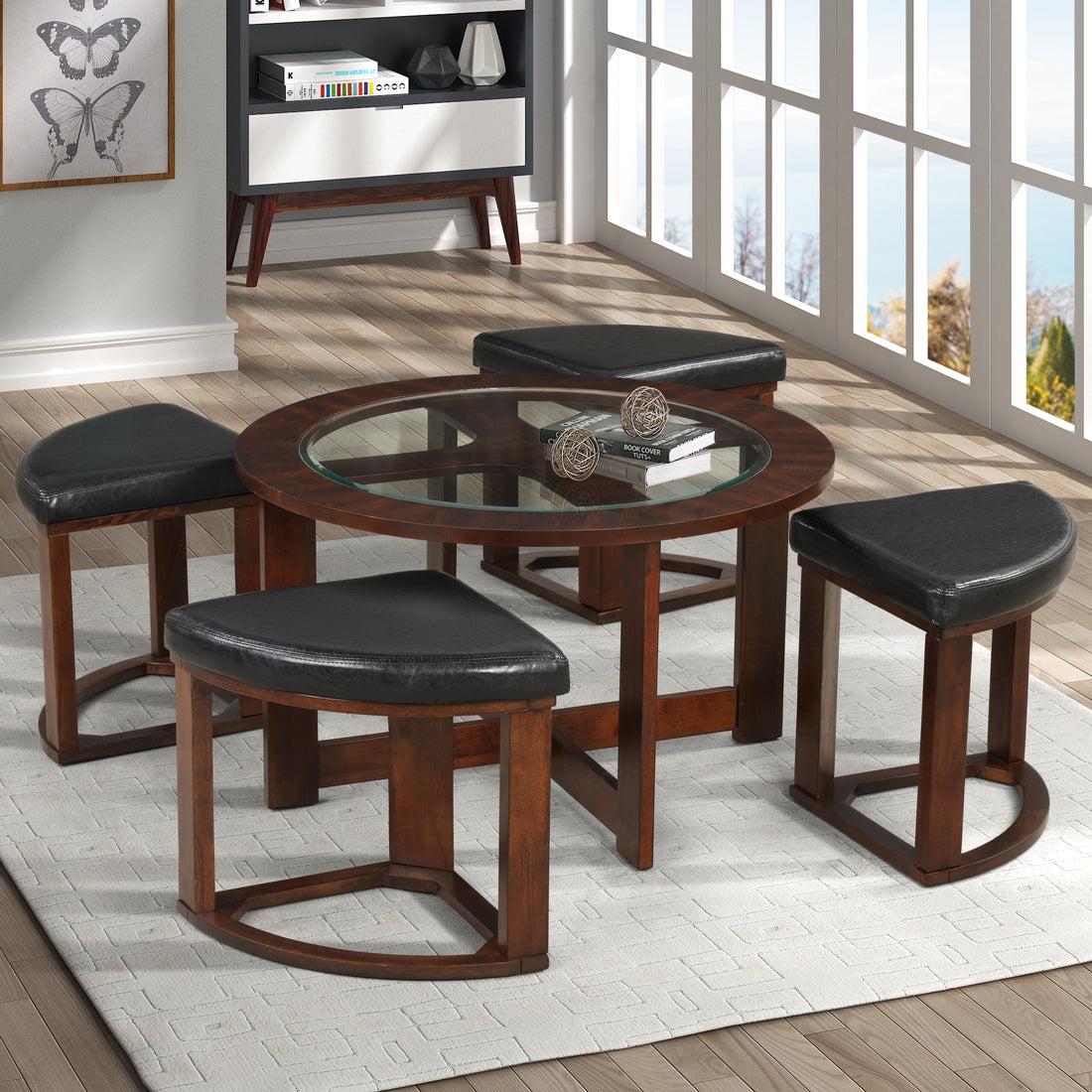 Cylina Solid Wood Glass Top Round Table Set, Coffee Table With 4 Stools Espresso Espresso Triangular Primary Living Space Contemporary Coffee & End Tables Powder Coated Round Mdf Glass Mdf Glass
