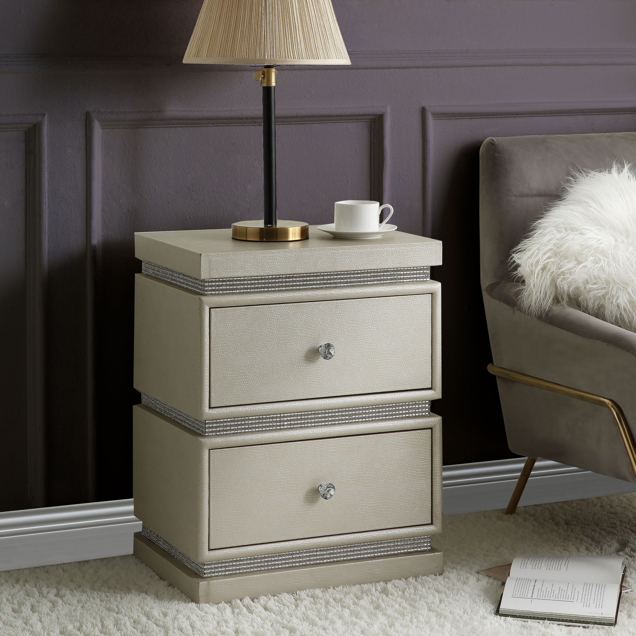 Ivory 2 Drawer Accent Table With Faux Diamonds Border Ivory Primary Living Space Traditional Drawers Rectangular Mdf