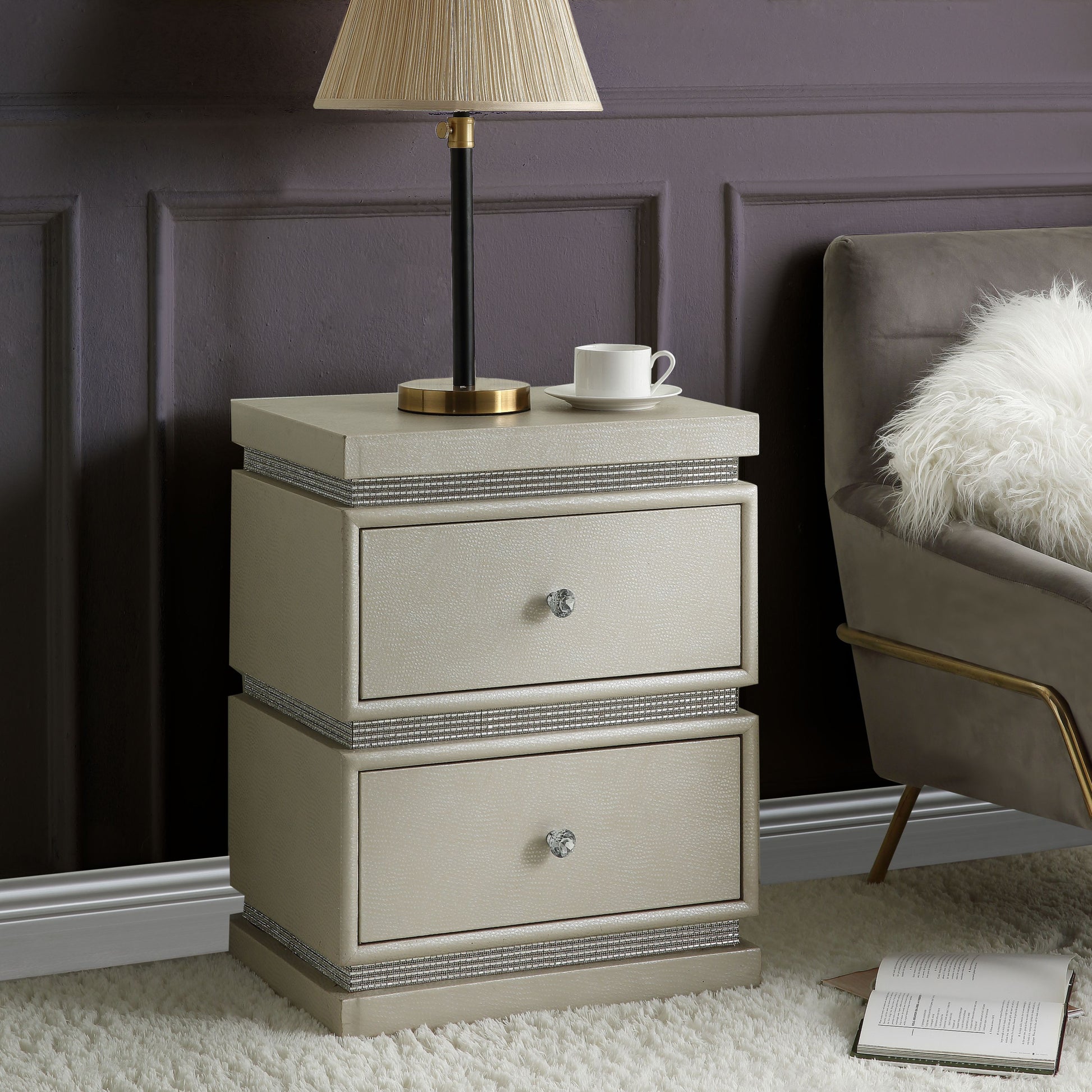 Ivory 2 Drawer Accent Table With Faux Diamonds Border Ivory Primary Living Space Traditional Drawers Rectangular Mdf