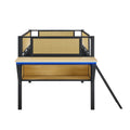 Single Metal Loft Bed With Rectangular Desk, Led Lights, Led Loft Bed Frame Double Bed With Storage Shelves And Hanging Storage Compartments, Safety Guard And Ladder, No Box Springs Required, Rattan G Twin Black Natural Mdf Iron