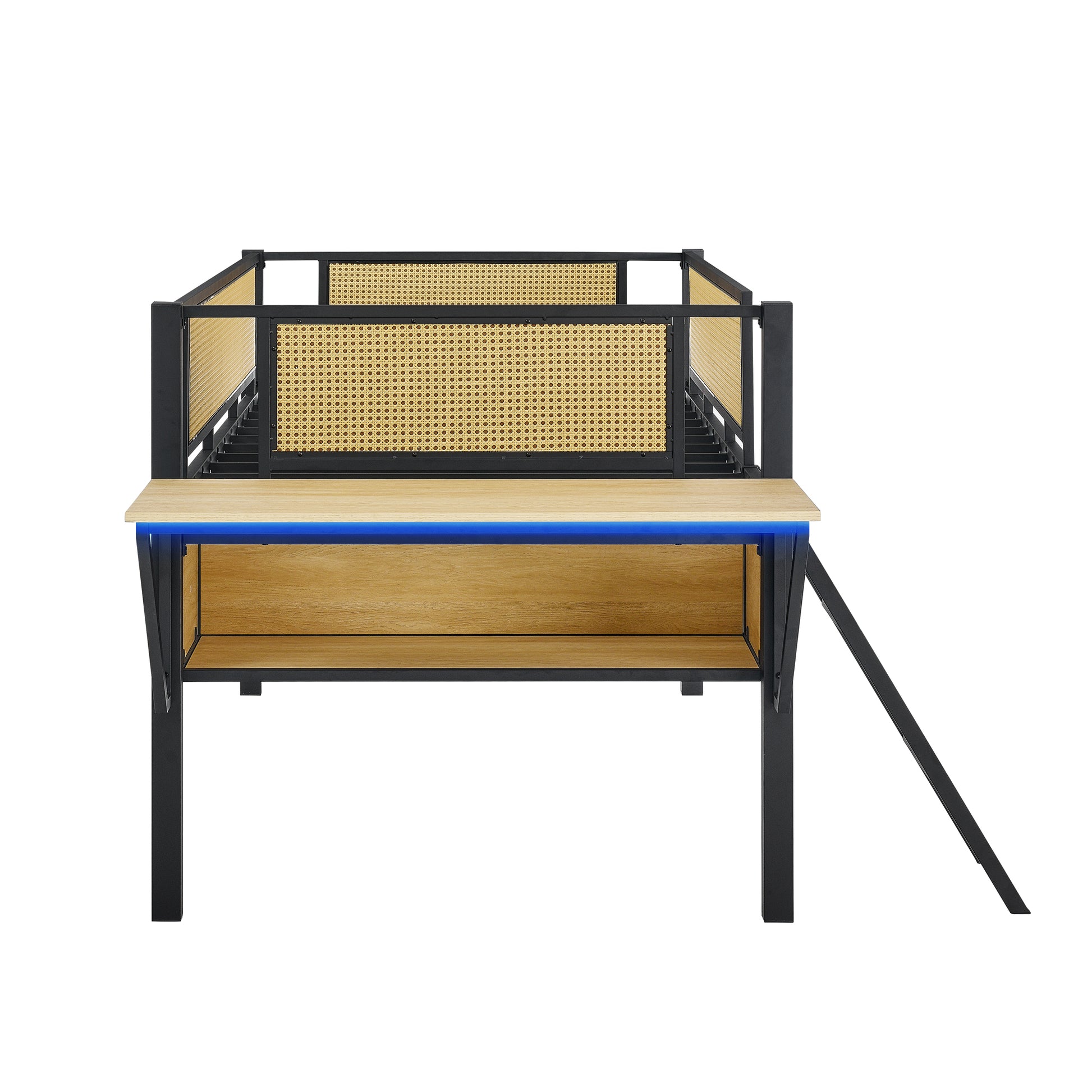 Single Metal Loft Bed With Rectangular Desk, Led Lights, Led Loft Bed Frame Double Bed With Storage Shelves And Hanging Storage Compartments, Safety Guard And Ladder, No Box Springs Required, Rattan G Twin Black Natural Mdf Iron