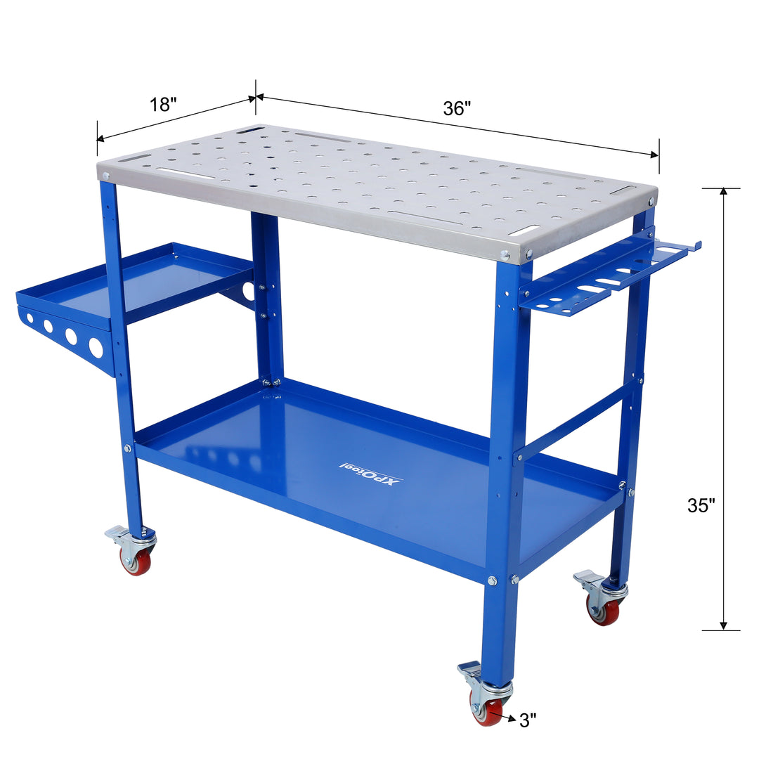 Welding Table 36"X18", 1200Lbs Load Capacity Steel Welding Workbench Table On Wheels, Portable Work Bench With Braking Lockable Casters, Tool Slots, 5 8 Inch Fixture Holes, Tool Tray Blue Steel
