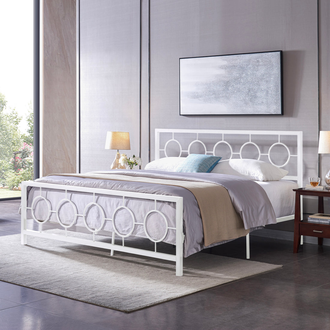 King Size Classical Metal Bed Frame With Circular Design Headboard And Footboard, Under Bed Space, White King White Iron