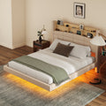 Queen Size Upholstered Floating Bed With Led And Storage Headboard, Beige Box Spring Not Required Queen Beige Wood Bed Frame Linen Upholstered