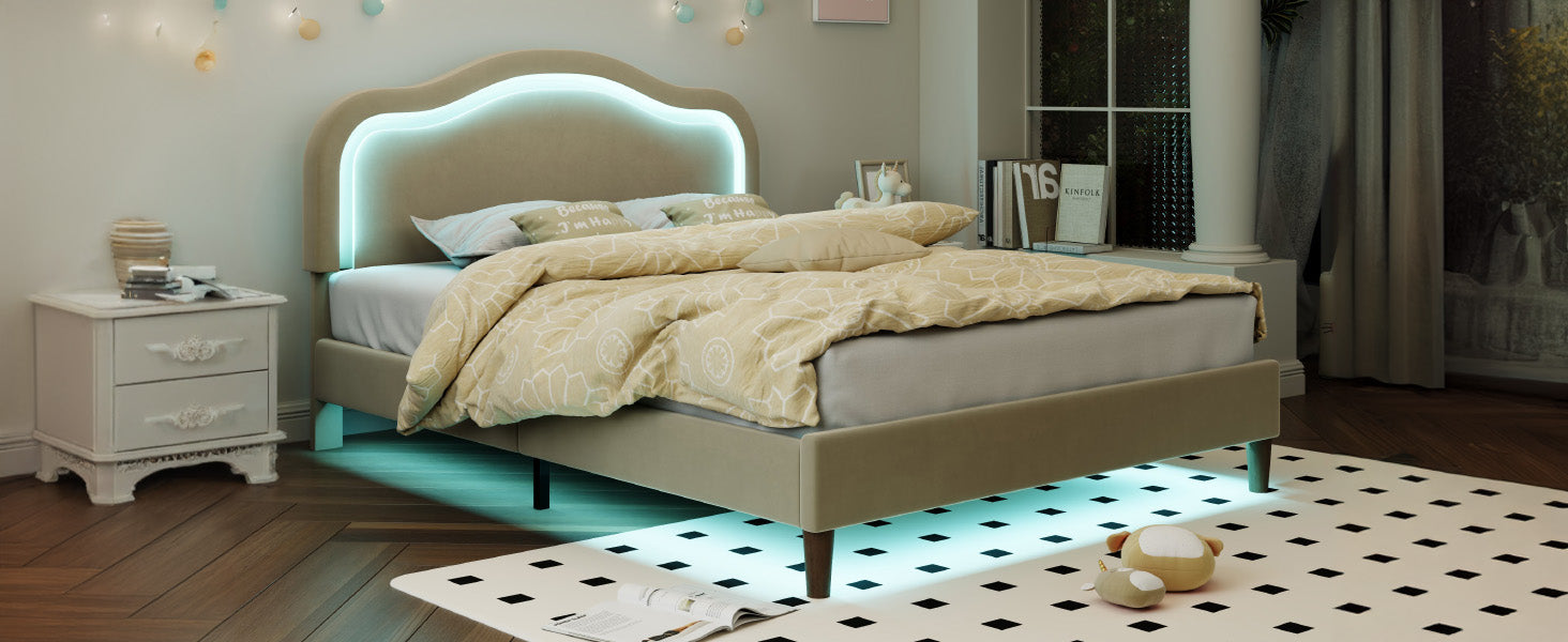 Full Size Velvet Upholstered Smart Led Bed Frame With Adjustable Height Headboard,No Box Spring Needed,Easy Assembly,Beige Box Spring Not Required Full Beige Wood Bedroom Cute,Modern Bed Frame Wood