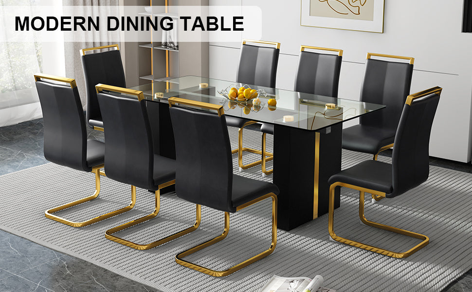 Table And Chair Set, Large Modern Minimalist Rectangular Glass Table, Can Accommodate 6 8 People, Equipped With Tempered Glass Tabletop And Large Mdf Table Legs, Comfortable And Minimalist Chairs. Transparent Mdf Glass