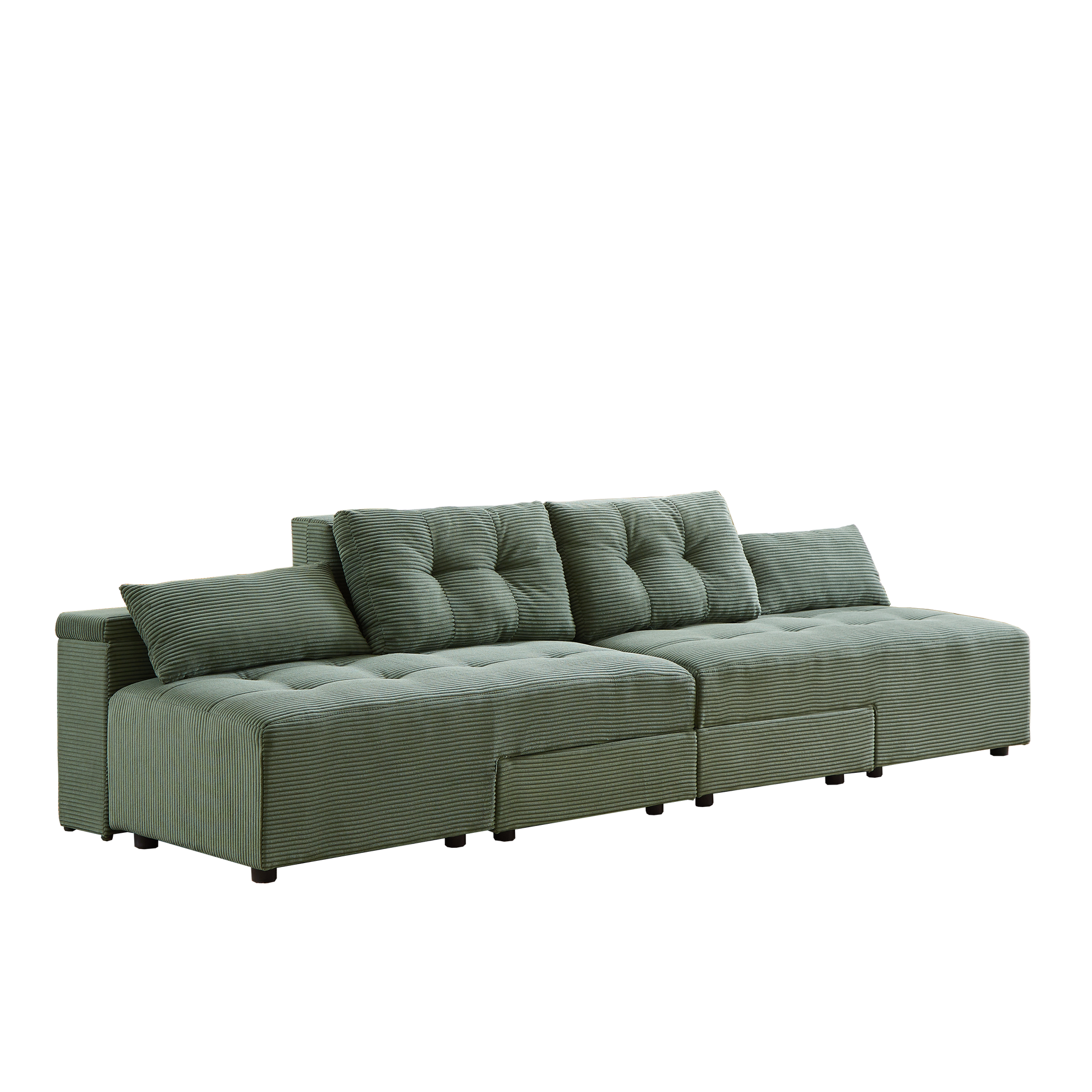 Convertible 3 In 1 Sleeper Sofa And Sectional Sofa With 4 Storage Space For Living Room,Corduroy Couch With 4 Pillows,Corduroy Army Green Corduroy 3 Seat