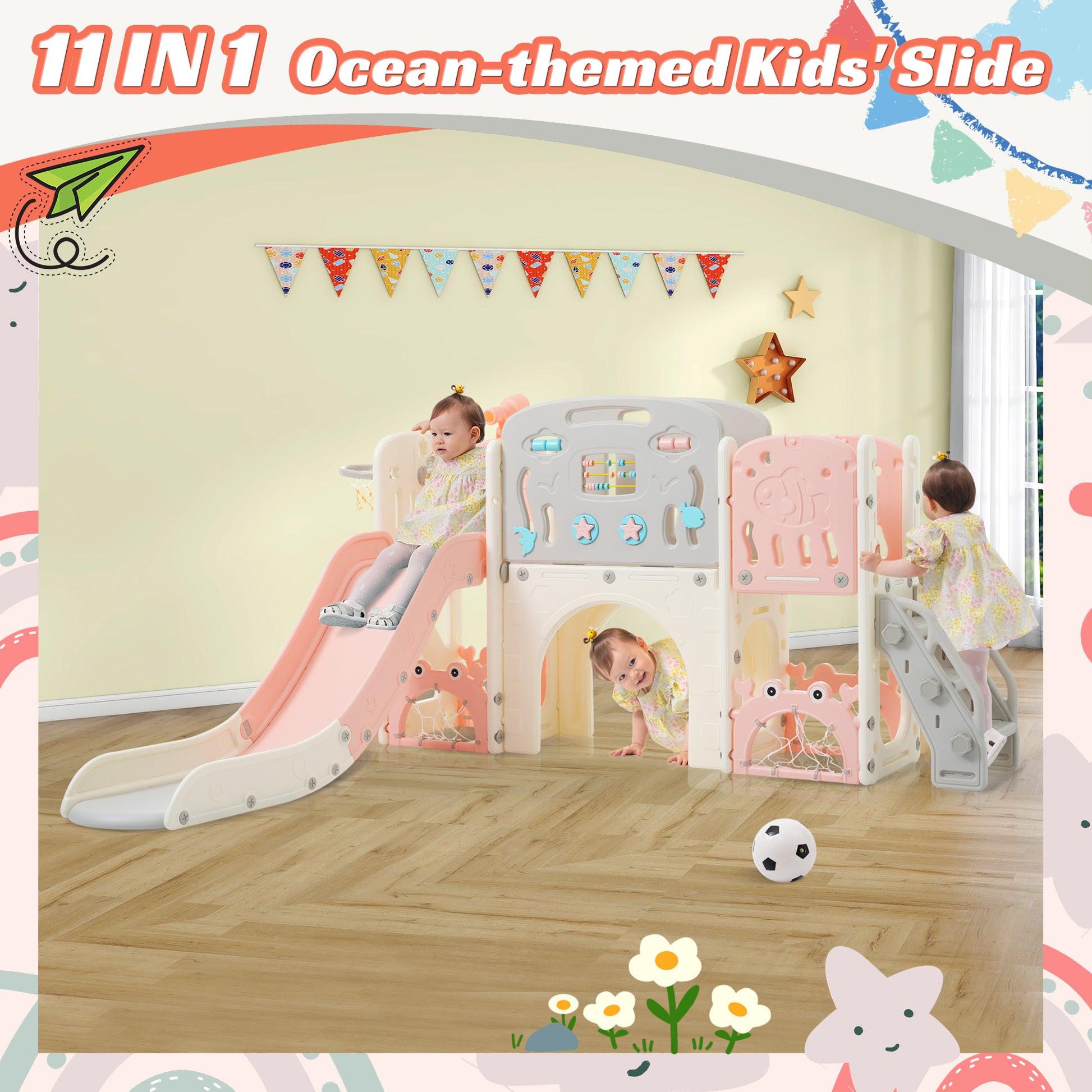 11 In 1 Toddler Slide, Kids Slide For Toddler Age 1 3 With Basketball Hoop, Kids Slide Playset Structure,Arch Tunnel And Telescope, Toy Storage Organizer For Toddlers, Kids Climbers Playground Pink Cute 1 To 2 Years Hdpe Indoor & Outdoor Use