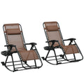 Outsunny Set Of 2 Outdoor Rocking Chairs, Foldable Reclining Zero Gravity Lounge Rocker With Pillow, Cup & Phone Holder, Combo Design With Folding Legs, Brown Brown Fabric Metal