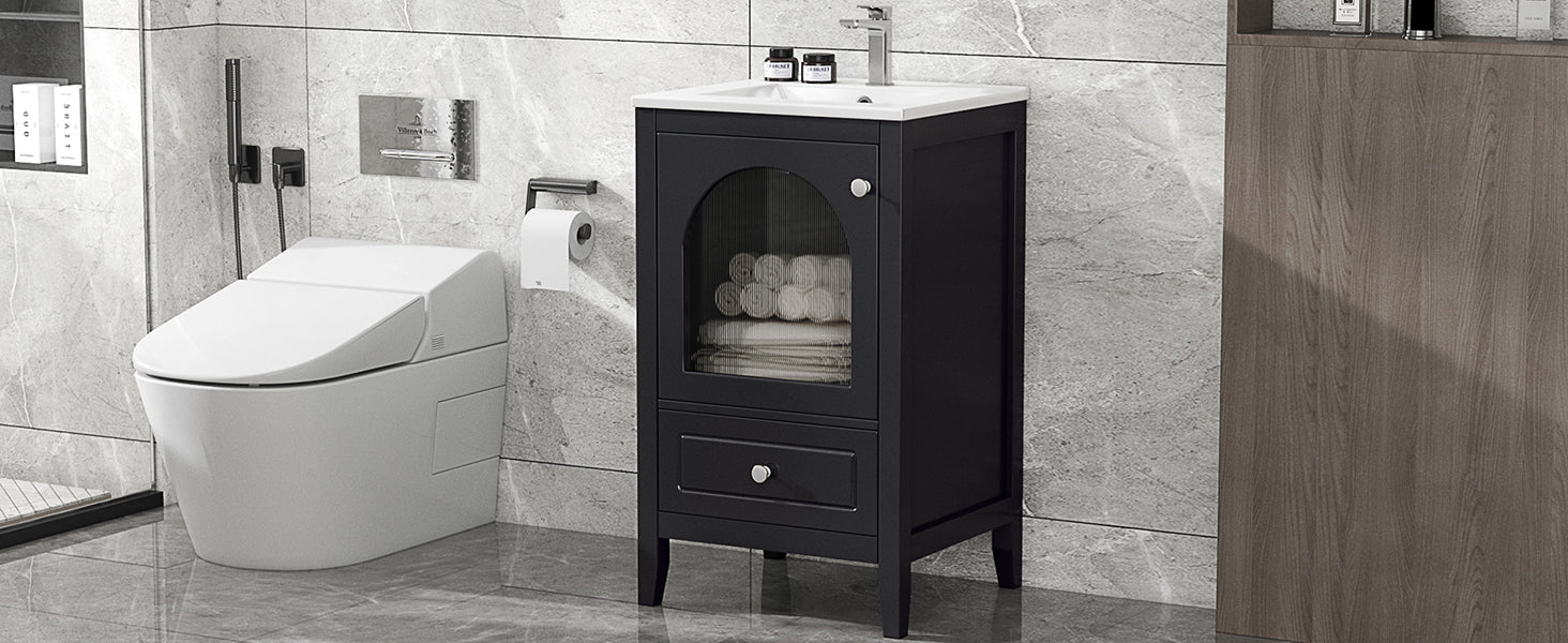 20" Bathroom Vanity With Sink, Bathroom Cabinet With Soft Closing Glass Door, A Drawer, Black Black Mdf