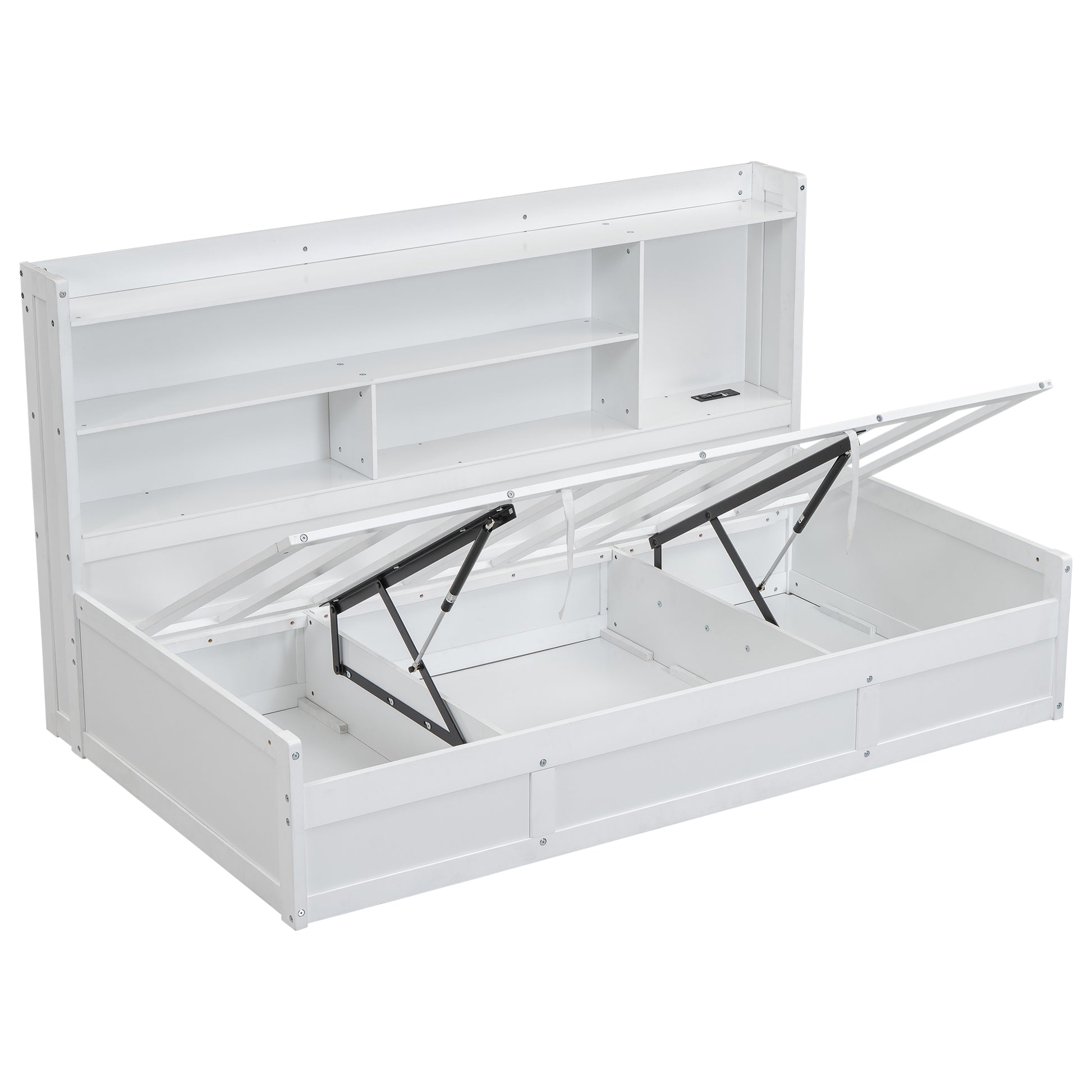 Twin Size Daybed Frame With Storage Bookcases And Underneath Storage, Usb Charging Station, White Twin White Solid Wood Mdf