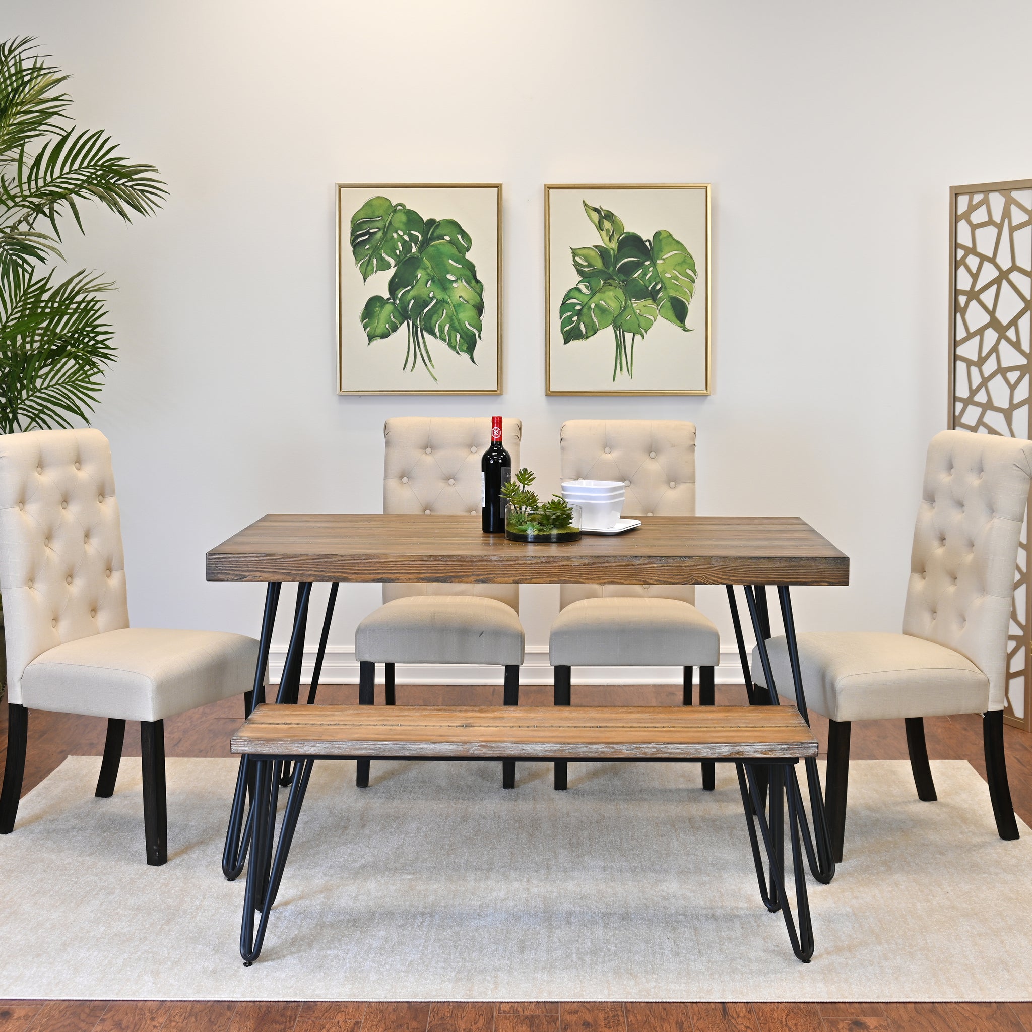 Ashford 6 Piece Dining Set, Hairpin Dining Table With 4 Chairs And Bench, 4 Color Options Brown Metal Dining Room Fixed Table Rubberwood Rectangular Dining Table With Chair And Bench Wood Wood Brown Seats 6 Rectangular 4 Leg Mdf Metal