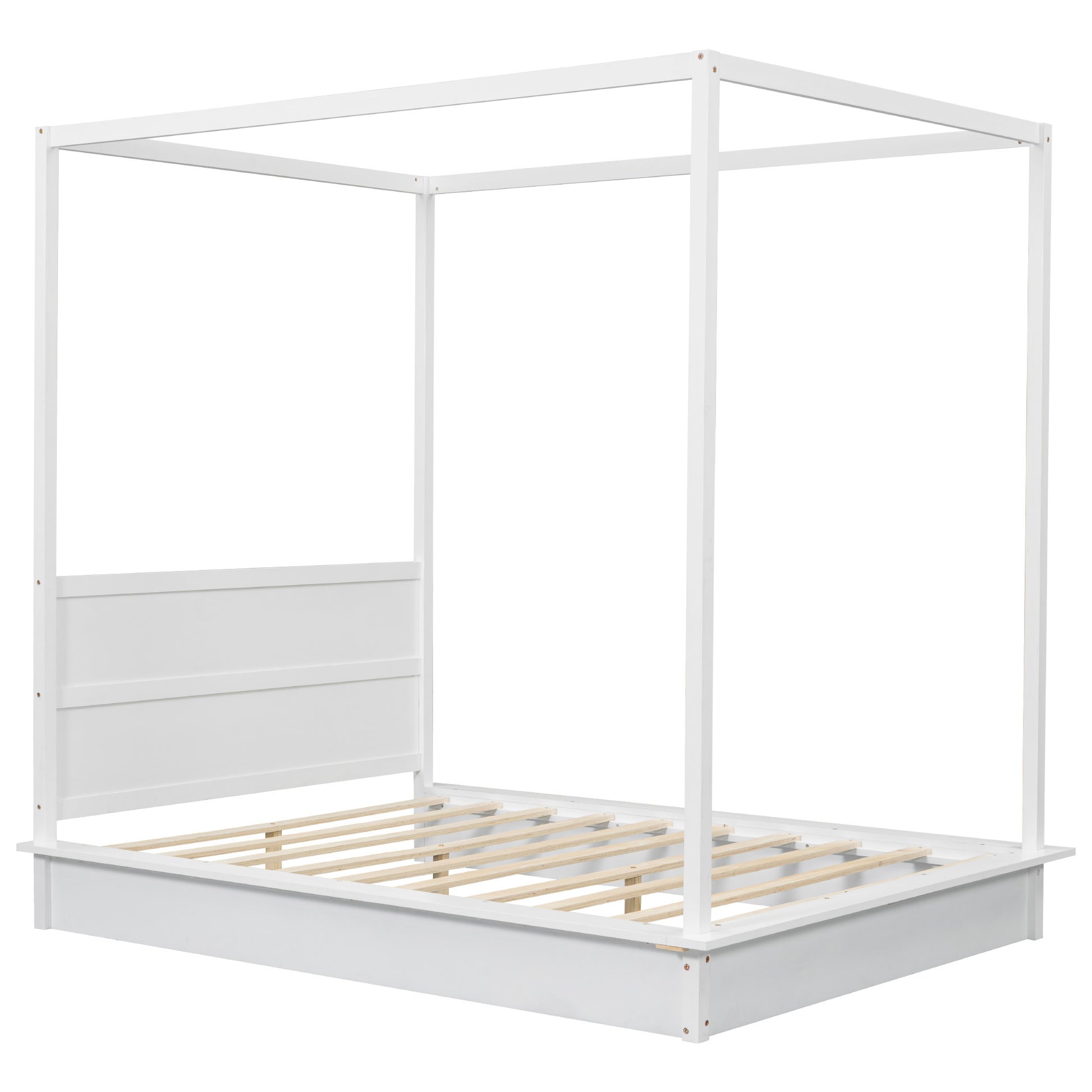Full Size Wood Led Canopy Bed ,Canopy Platform Bed With Support Slats, No Box Spring Needed, White Full White Plywood