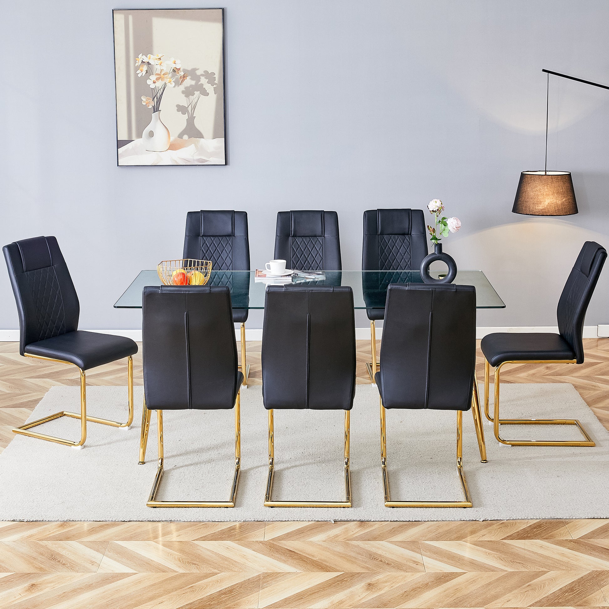 Table And Chair Set.Modern Rectangular Glass Dining Table With A Tempered Glass Tabletop And Metal Legs, Paired With Multiple Chairs Designed With Pu Cushions And Golden Metal Legs. Black Gold Seats 8 Tempered Glass
