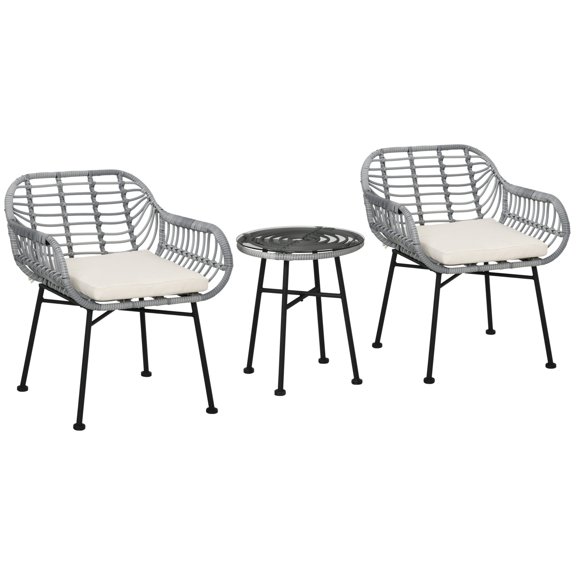 Outsunny 3 Piece Patio Set, Outdoor Bistro Furniture, Pe Rattan Wicker Table And Chairs, Cushioned, Hand Woven, Modern Look With Tempered Glass For Garden, Porch, Pool, Backyard, Cream White Gray White Matte Steel