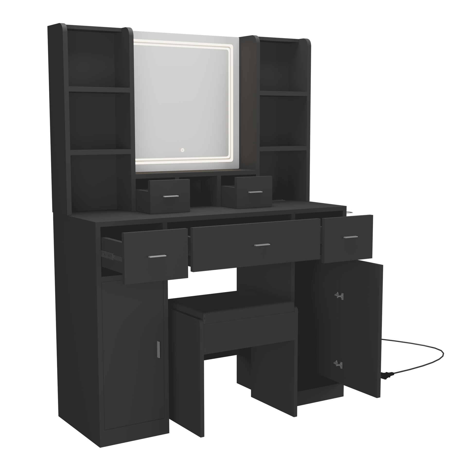 The Black Dressing Table With Led Mirror Is Equipped With A Hair Dryer Rack, And The Dressing Tables In The Bedroom And Dressing Room Are Equipped With Dressing Stools Black 5 Drawers & Above