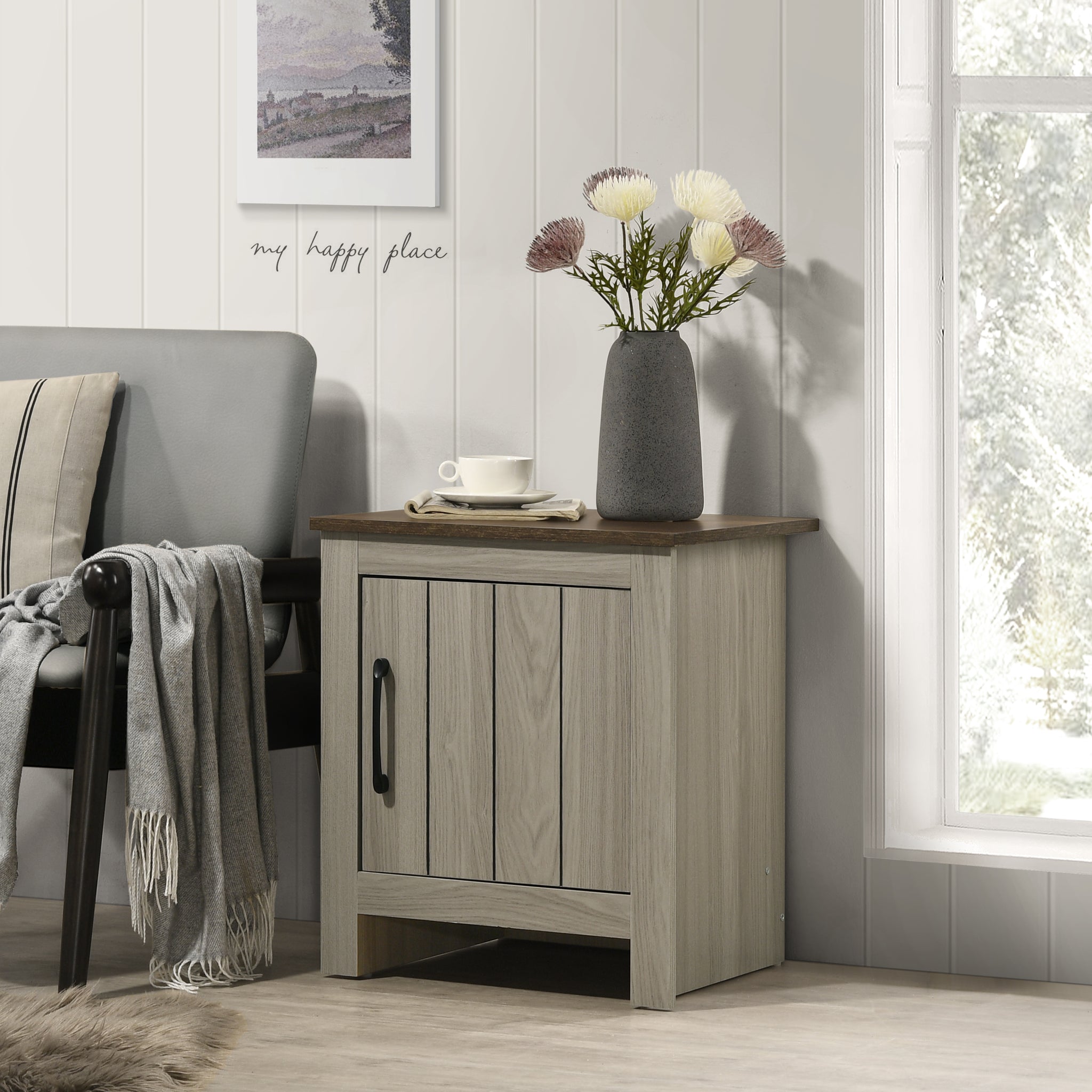 Nyla 16"W Gray Oak End Table, Side Table, Nightstand With Cabinet Door Gray Wood