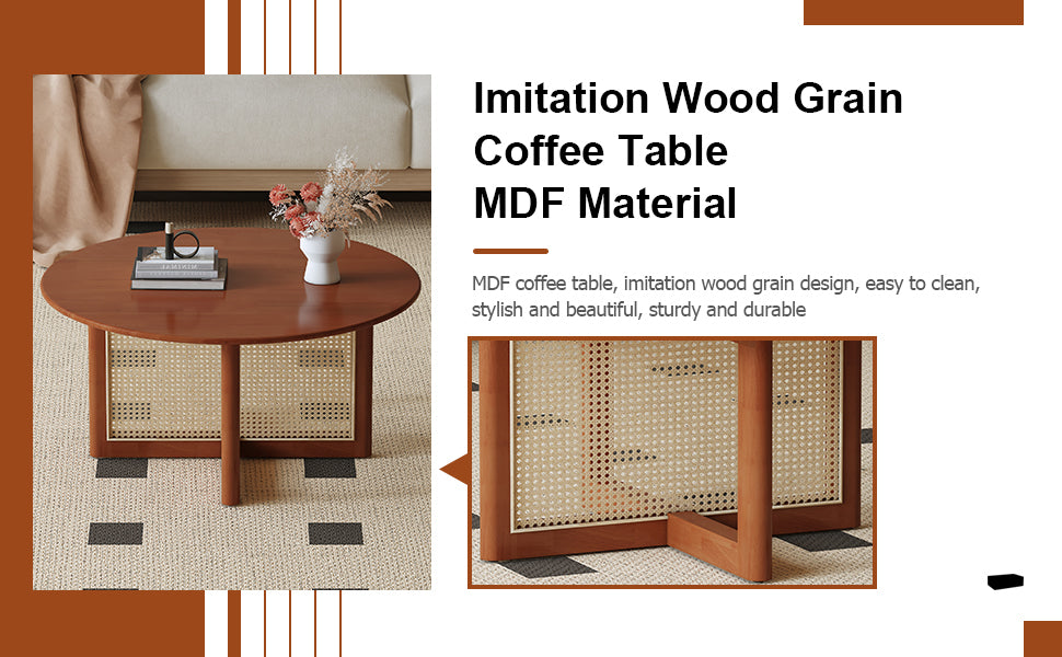 A Natural And Elegant Deep Red Wooden Coffee Table With Artificial Rattan Decorations, Perfect For A Fashionable Living Room And Comfortable Tea Drinking Time Red Wood