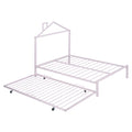 Full Size Metal Platform Bed With Twin Size Trundle,House Shaped Headboard Design, Pink Full Pink Metal