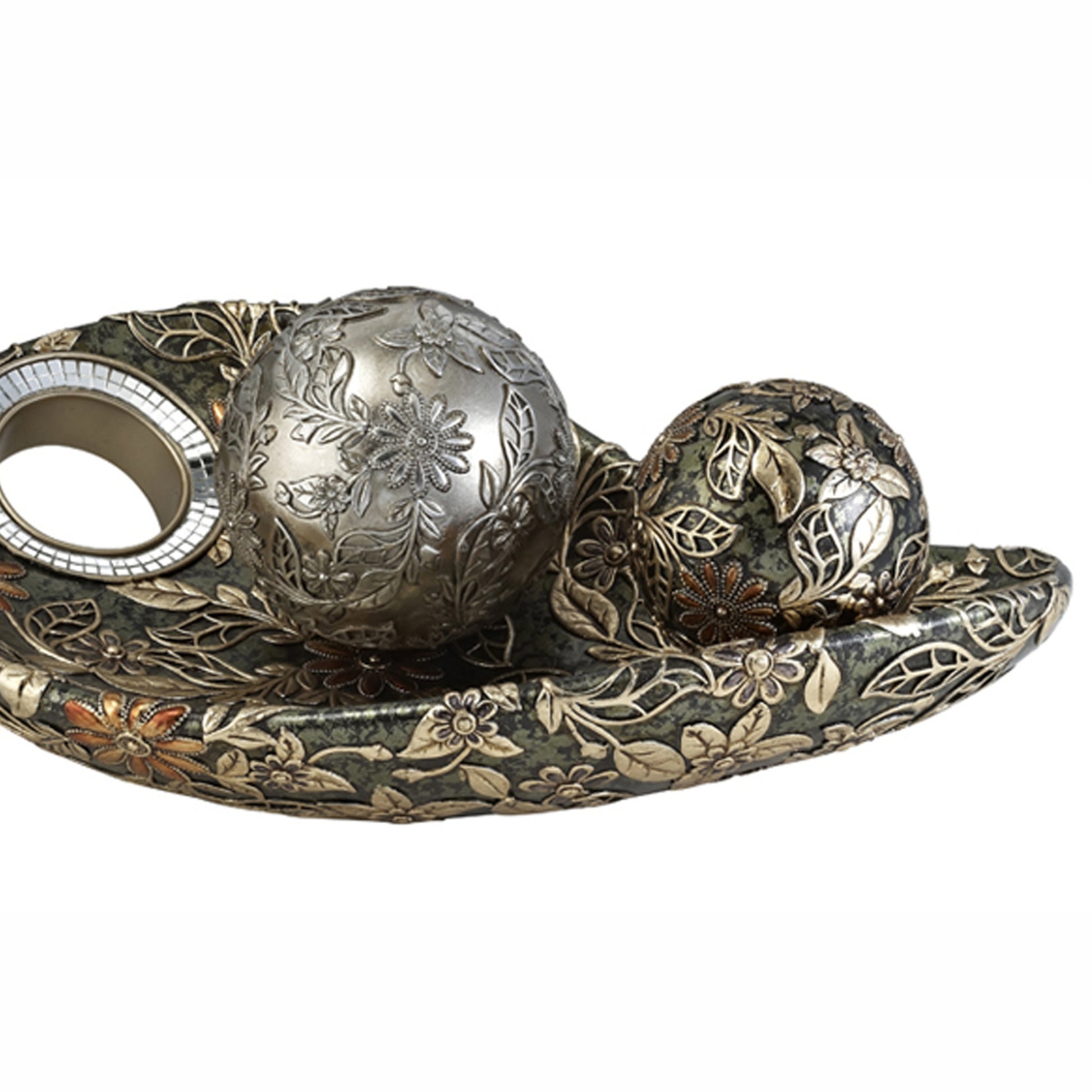 8.25 Long Inch Chrysanthemum Resin Fruit Bowl W Spheres Multicolor Polyresin