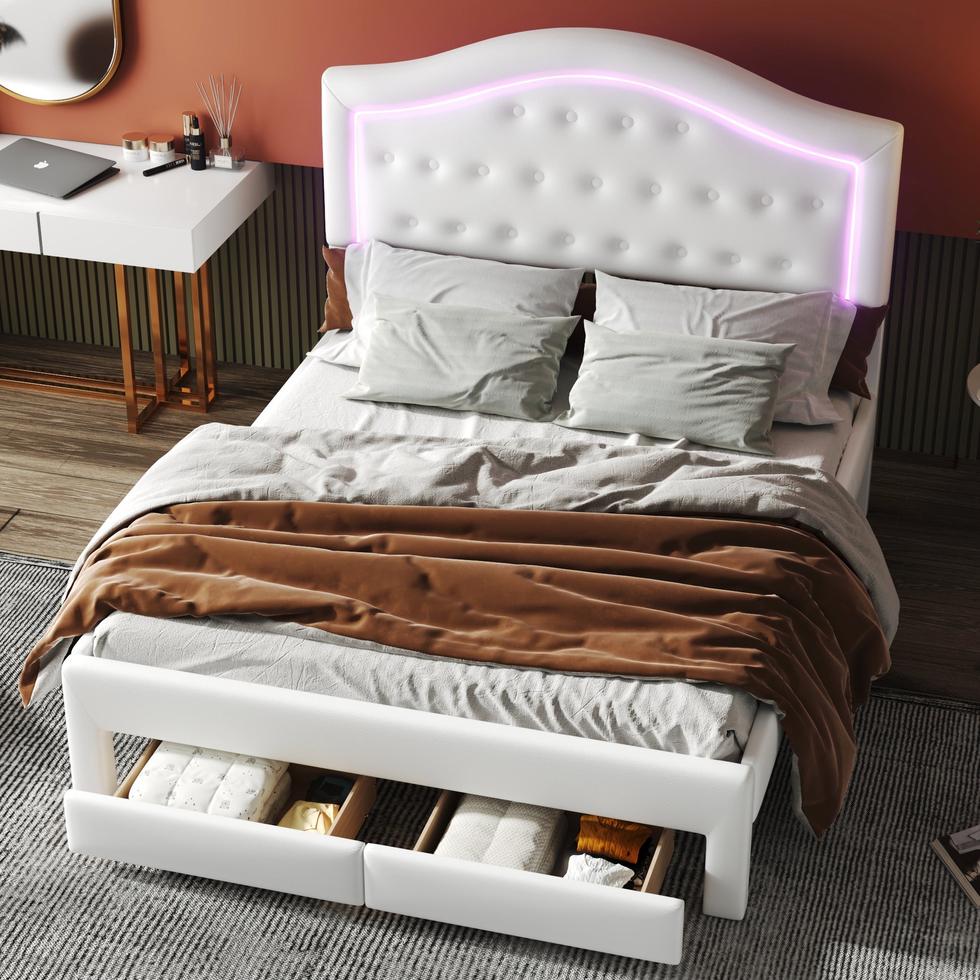 Queen Size Upholstered Platform Bed With Tufted Headboard, Led And 2 Drawers, White Box Spring Not Required Queen White Wood Bathroom Bed Frame Faux Leather Upholstered