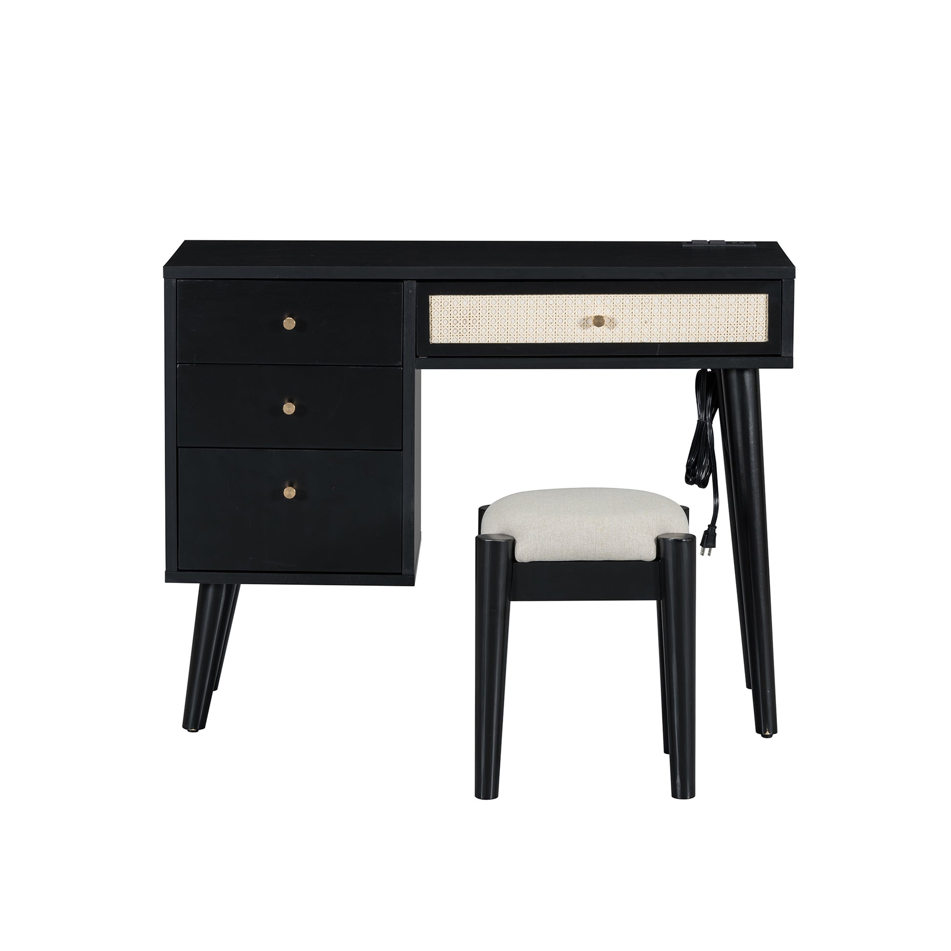 39" Retro Bohemian Style Wooden Makeup Vanity Set With Charging Plug&Usb Port And Stool, Dressing Table With 3 Storage Drawers And 1 Rectangular Rattan Drawer, Black Black 4 Drawers Wood