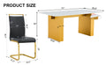 Table And Chair Set.Large Modern Rectangular Table With 0.4 Inch Patterned Glass Tabletop And Large Mdf Table Legs.Comes With 8 Chairs With Faux Leather Cushioned Seats And Golden Metal Legs. Gold White Seats 8 Mdf Glass