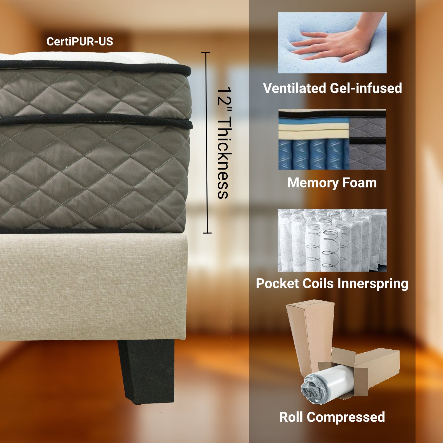 Made In Usa 12" Twin Euro Top Pocket Coil And Cooling Gel Memory Foam Highlyquilted Cover Hybrid Mattress, Pressure Relief, And Motion Isolation, Certipur Us In A Box White Gray Foam Spring Twin