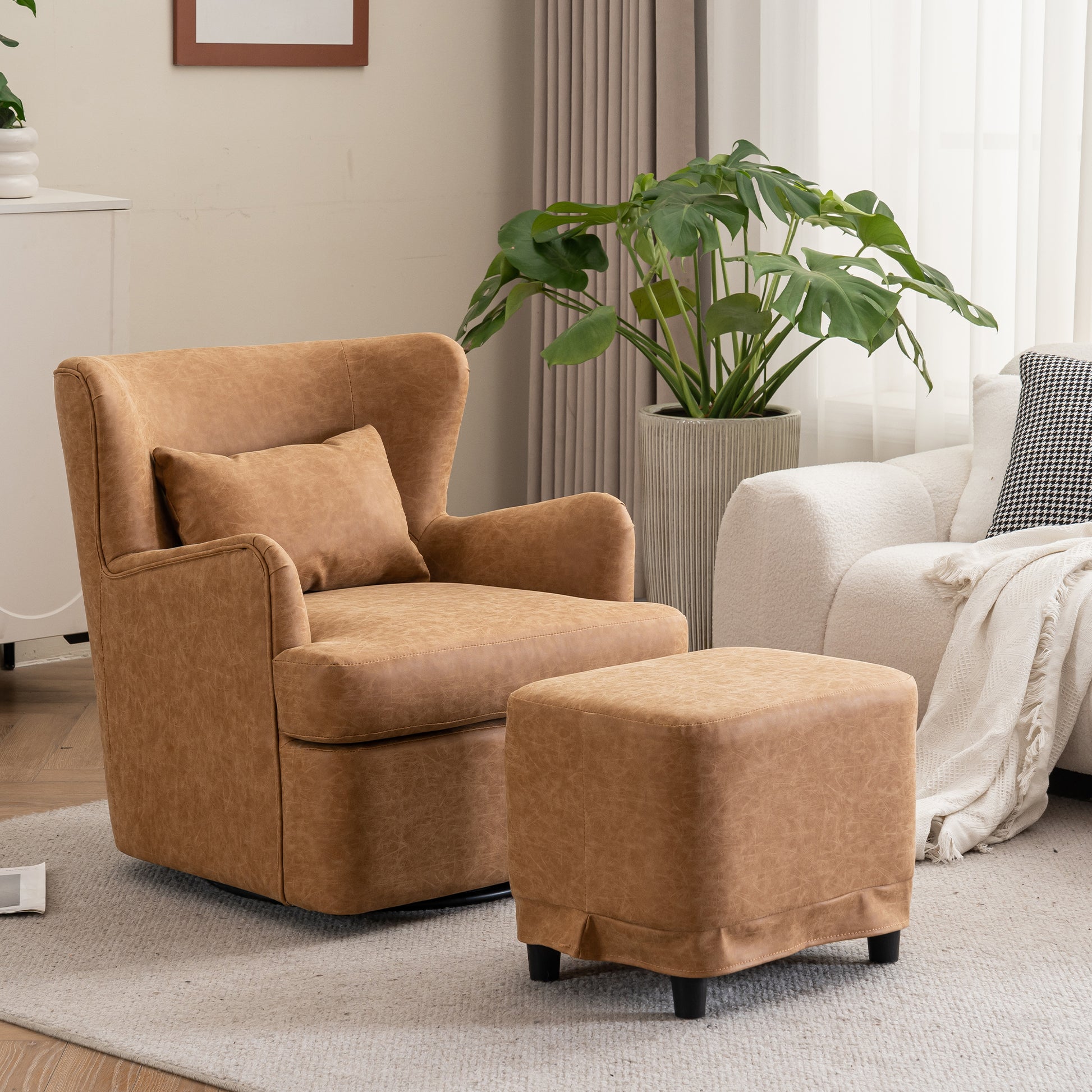 Synthetic Leather Upholstered Swivel Chair, 360 Swivel Comfort Round Armchair, Single Sofa Chair With Lounge Seat For Bedroom Office Reading Space, Set Of 1 ,Brown Yellow Brown Yellow Wood