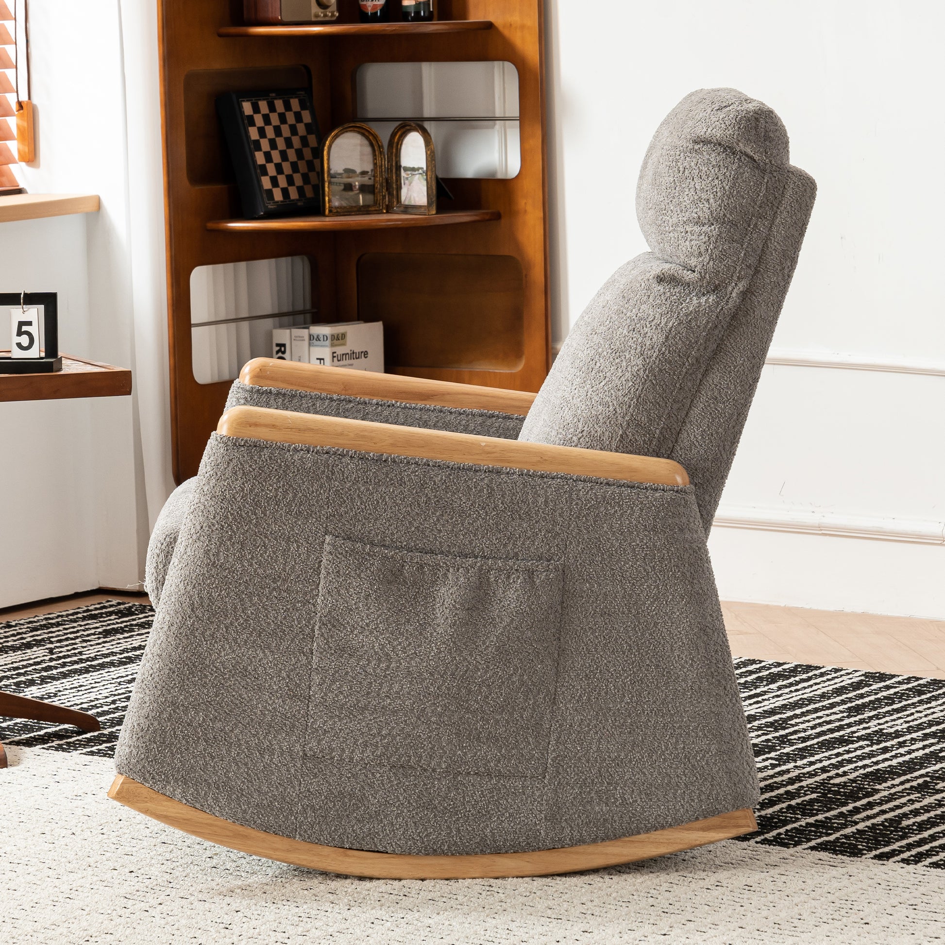 Accent Rocking Chair With Footrest High Back Rubber Wood Rocking Legs Bedroom Living Space 38.6D X 26.8W X 40.6H Inch Grey Rubber Wood