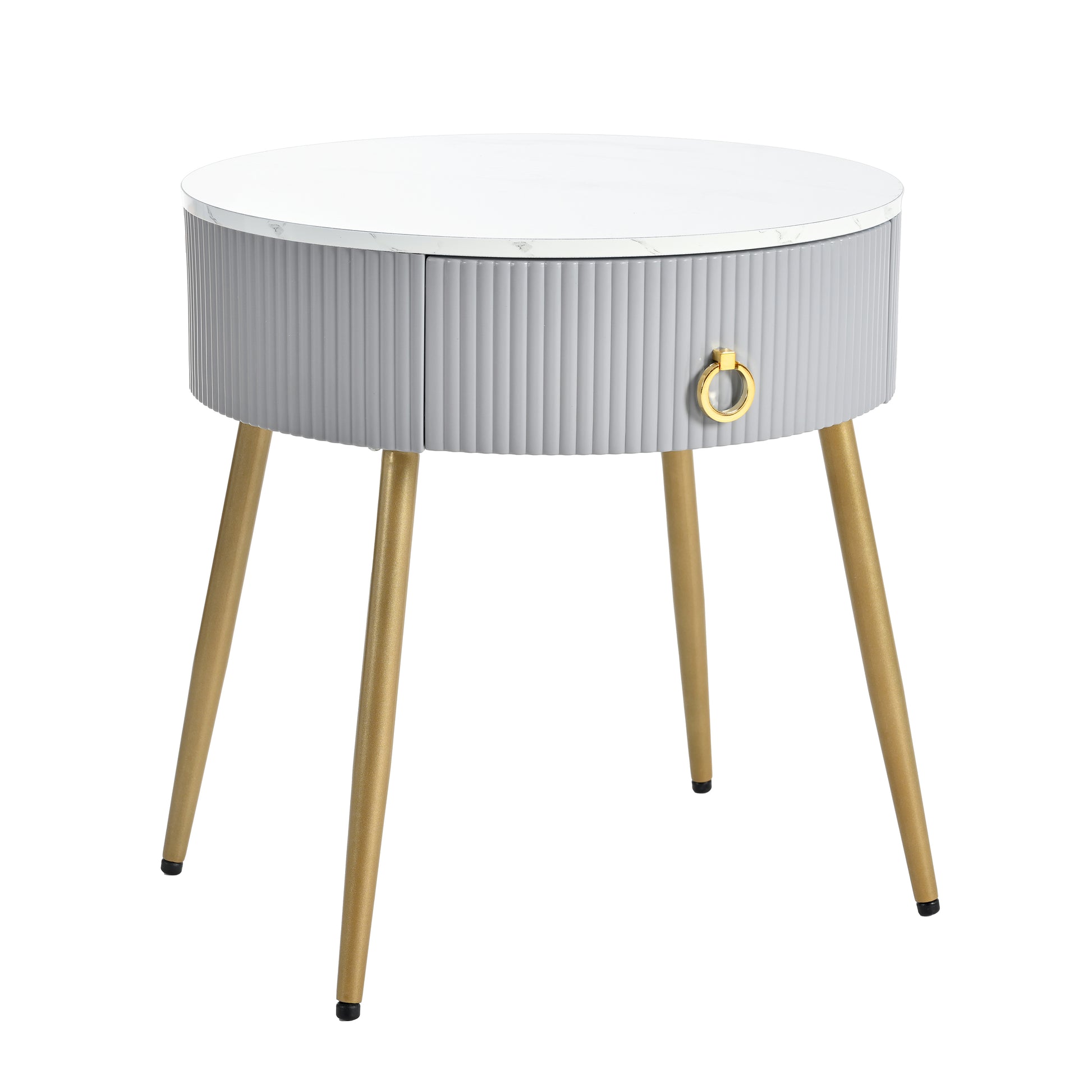 19.6'' Easy Assembly End Tables With High Gloss Faux Marble Tabletops, Set Of 2, Modern Fluted 2 Side Tables With Drawers, Round Coffee Tables With Golden Legs For Living Room, Grey Grey Gold Primary Living Space Drawers Round Mdf Iron