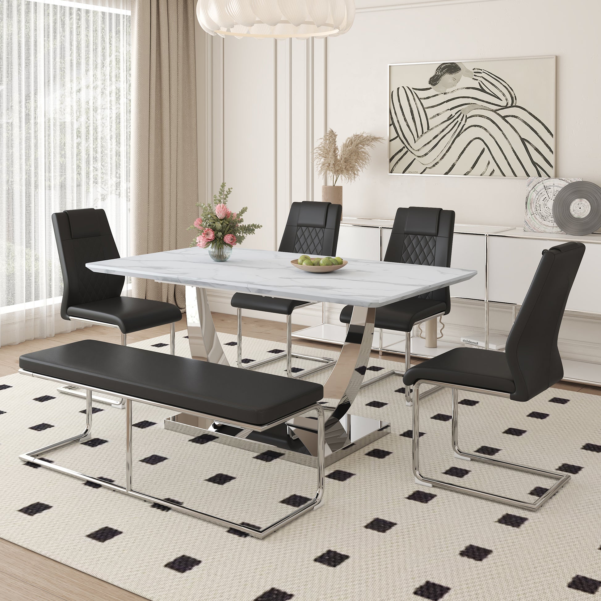 Table And Chair Set. Large Modern Rectangular Table With White Textured Top And Silver Metal Legs. Soft And Comfortable Pu Seats, Faux Leather Upholstered Seats And Sturdy Metal Legs. White Black Mdf Metal