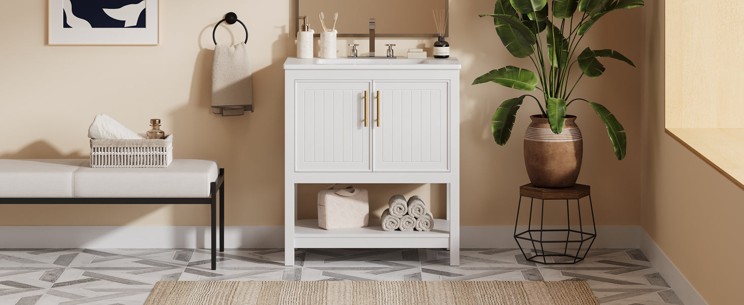 30 Inch White Bathroom Vanity With Ceramic Sink And Versatile Storage Ideal For Small Bathrooms White Bathroom Solid Wood Mdf