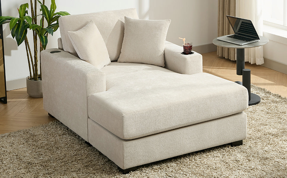 43.5" Oversized Chaise Lounger Modern Style Sofa Couch ,With Pillows, Charge Station & Cup Holders, Chenille Fabric, Cream Cream Chenille