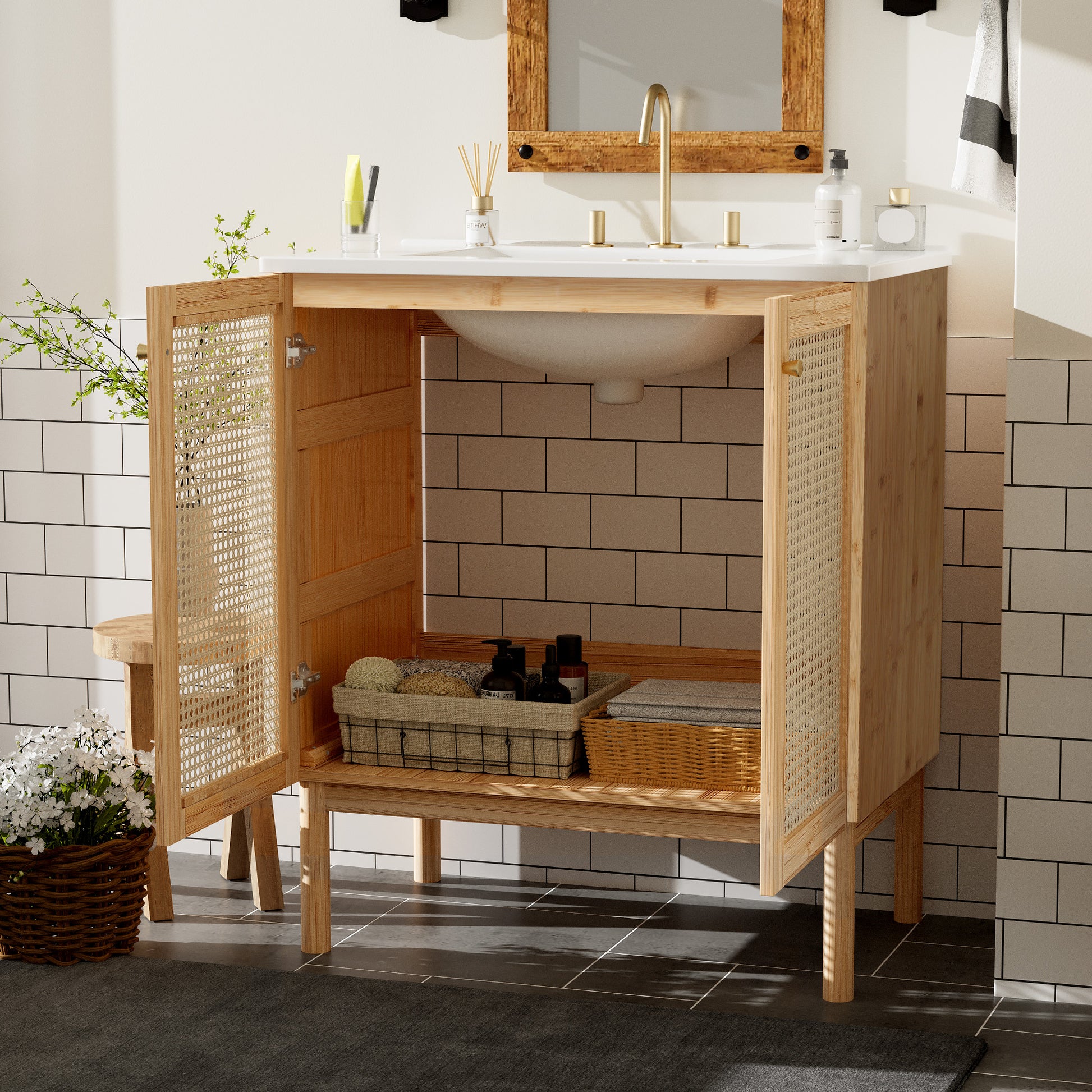 30 Inch Bathroom Vanity Crafted From Natural Materials, Featuring Handmade Rattan Doors And Soft Closing Mechanisms Wood Wood Rattan