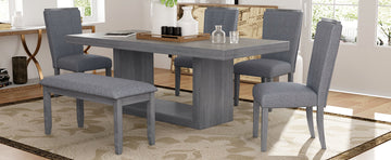 Contemporary 6 Piece 78Inch Extendable Pedestal Dining Table Set With 18Inch Removable Leaf And Dining Bench, 4 Upholstered Dining Chairs, Gray Gray Wood Dining Room Solid Wood Rubberwood Rectangular Dining Table With Chair And Bench Upholstered Chair