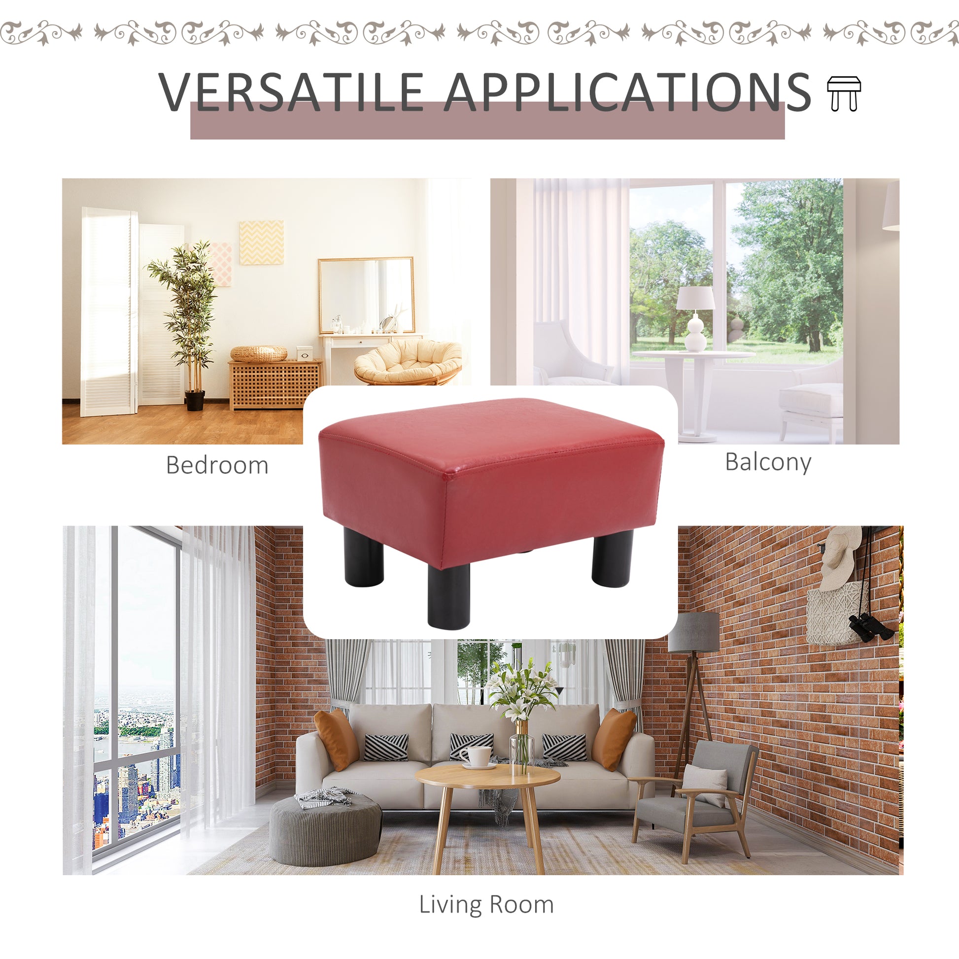 Homcom Ottoman Foot Rest, Small Foot Stool With Faux Leather Upholstery, Rectangular Ottoman Footrest With Padded Foam Seat And Plastic Legs, Red Red Plastic