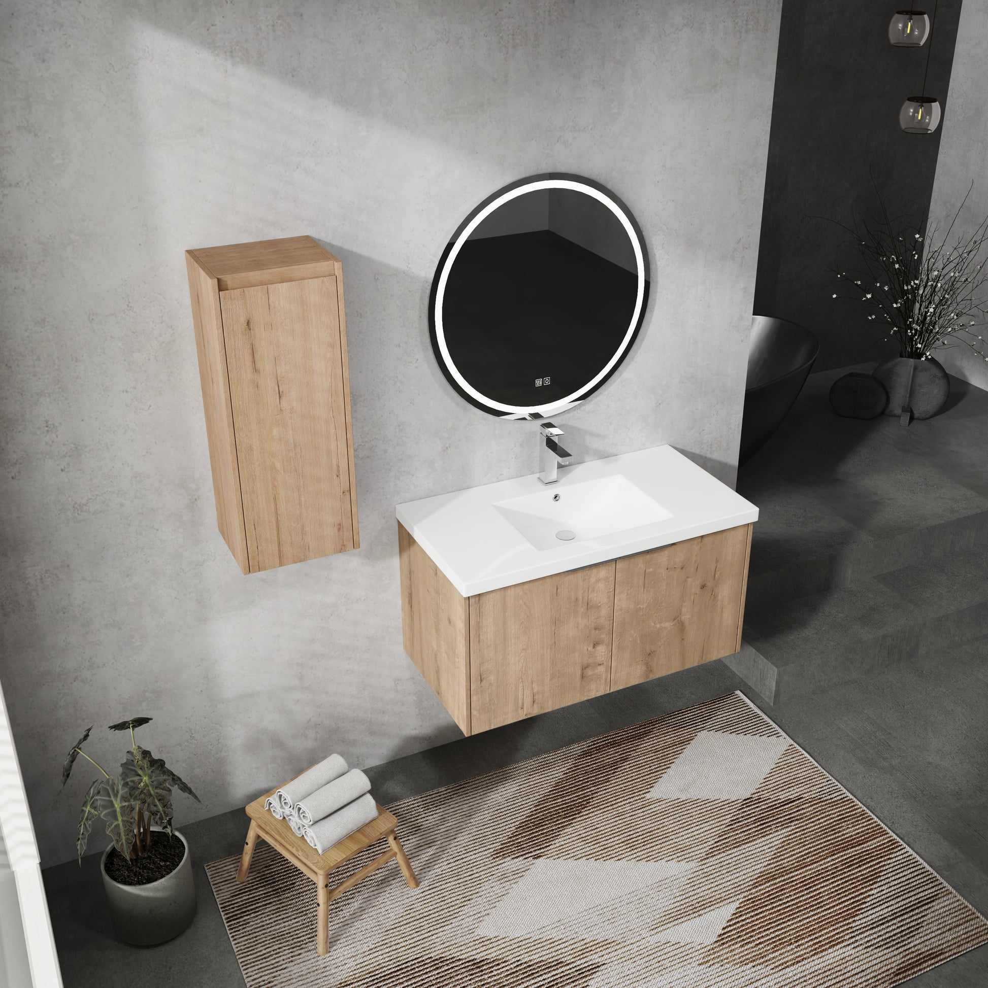 36" Wall Mounted Bathroom Vanity With Sink And Side Cabinet, Soft Close Doors,00112Imo 00636Imo Combination Cabinet Kd Packing Imitative Oak Bathroom Modern Plywood Plywood