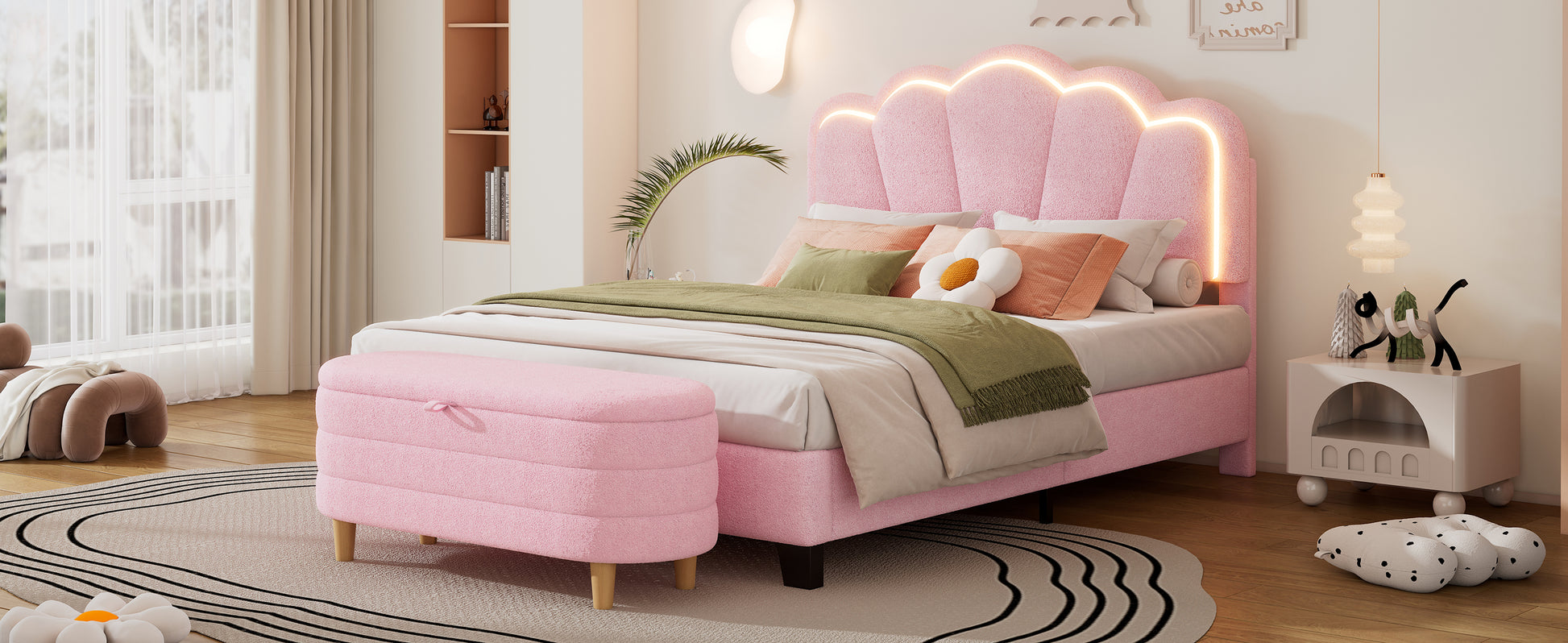 2 Pieces Bedroom Sets Full Size Flower Shaped Upholstered Led Platform Bed With Storage Ottoman Sherpa Fabric, Pink Full Pink 2 Piece Set Wood