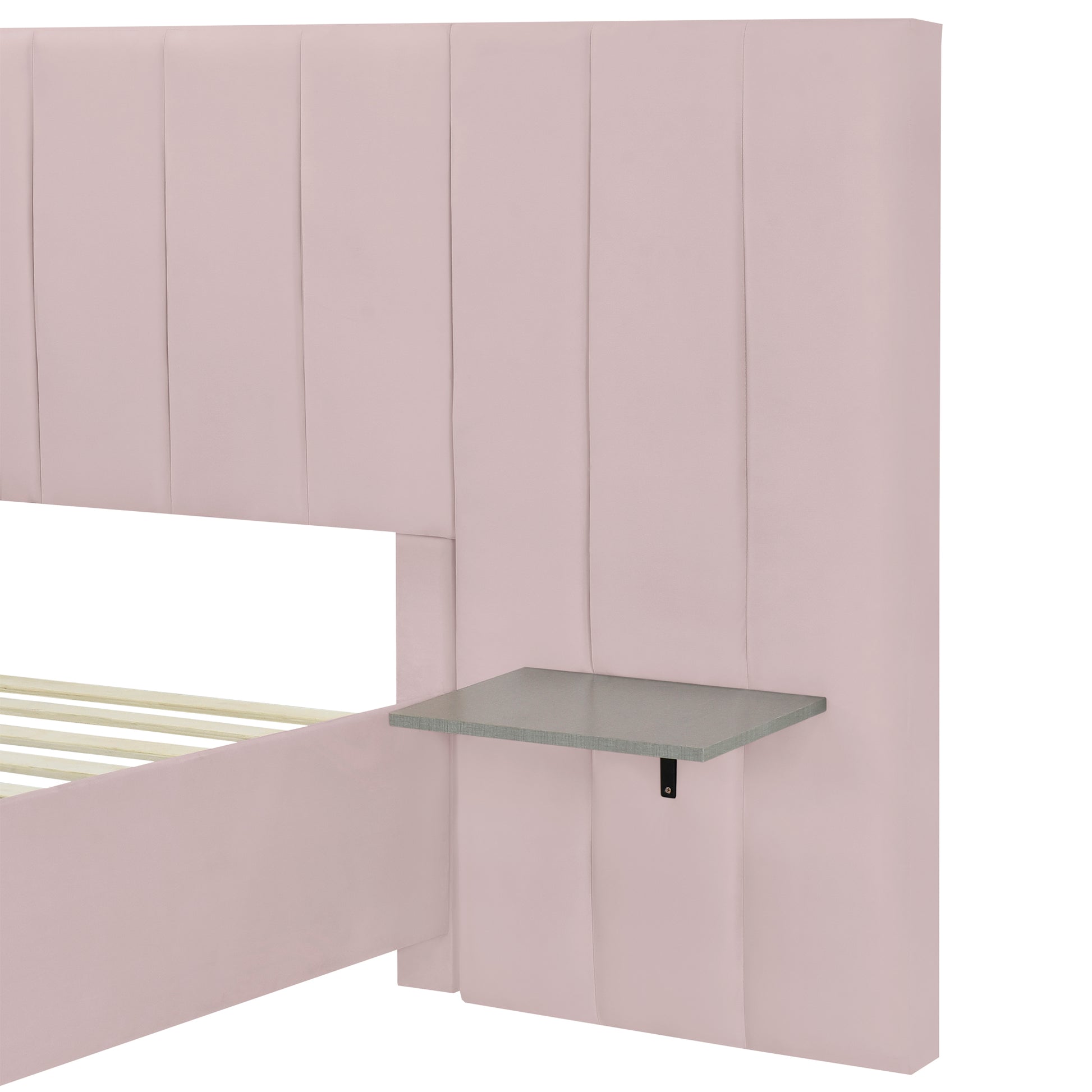 Full Size Upholstered Platform Bed With Big Headboard, Bedroom Furniture, Velvet, Pink Full Pink Plywood