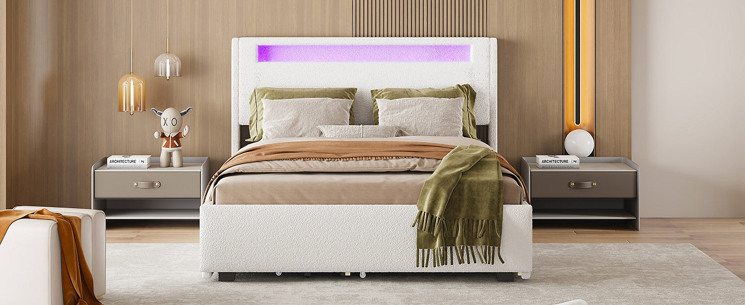 Full Size Upholstered Platform Bed With Led Frame, With Twin Size Trundle And 2 Drawers, Teddy Fleece, White White Fleece