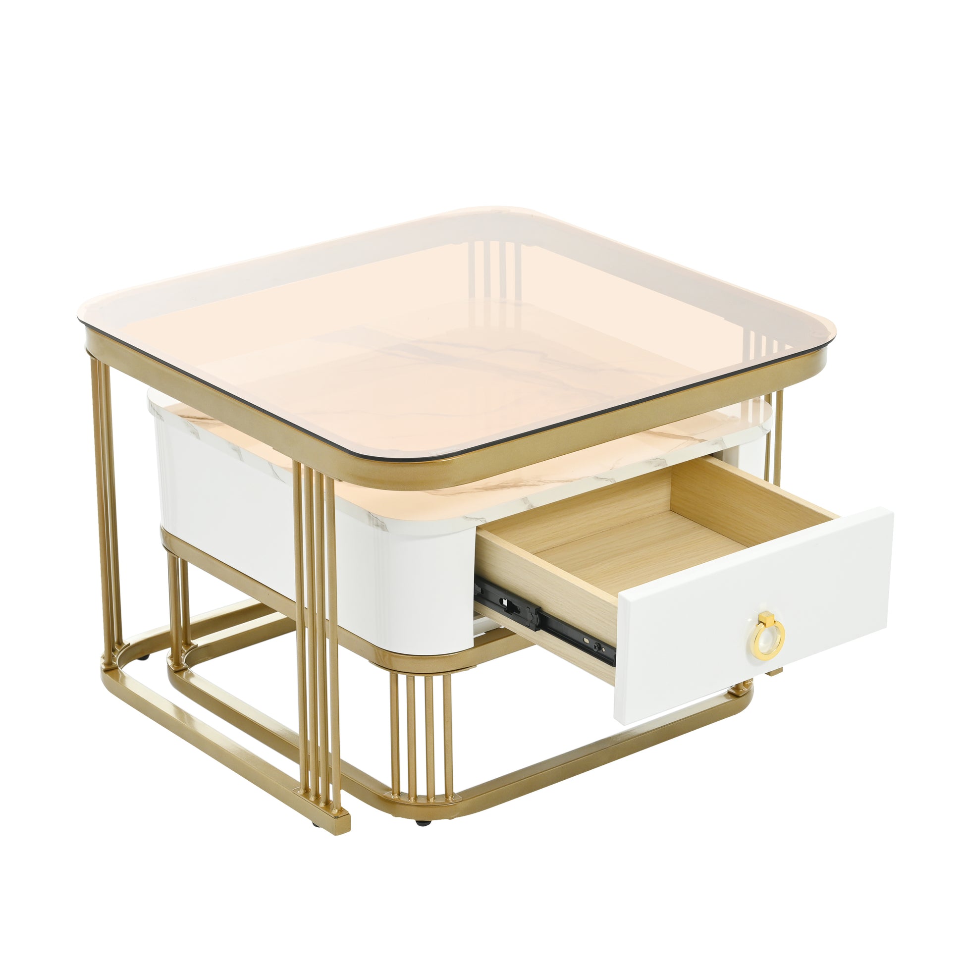 Nesting Coffee Table With Drawer, Set Of 2, Exquisite Square Stacking Coffee Tables With Brown Tempered Glass, Side Table With High Gloss Marble Grain Tabletop For Living Room, White White Gold Primary Living Space Drawers Square Mdf Steel