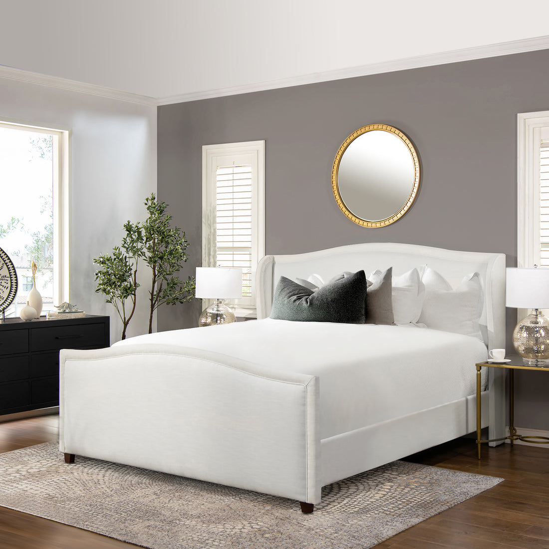 Carmen King Upholstered Wingback Panel Bed Frame, Antique White Polyester Box Spring Required King Antique White Wood Foam Polyester Polyester