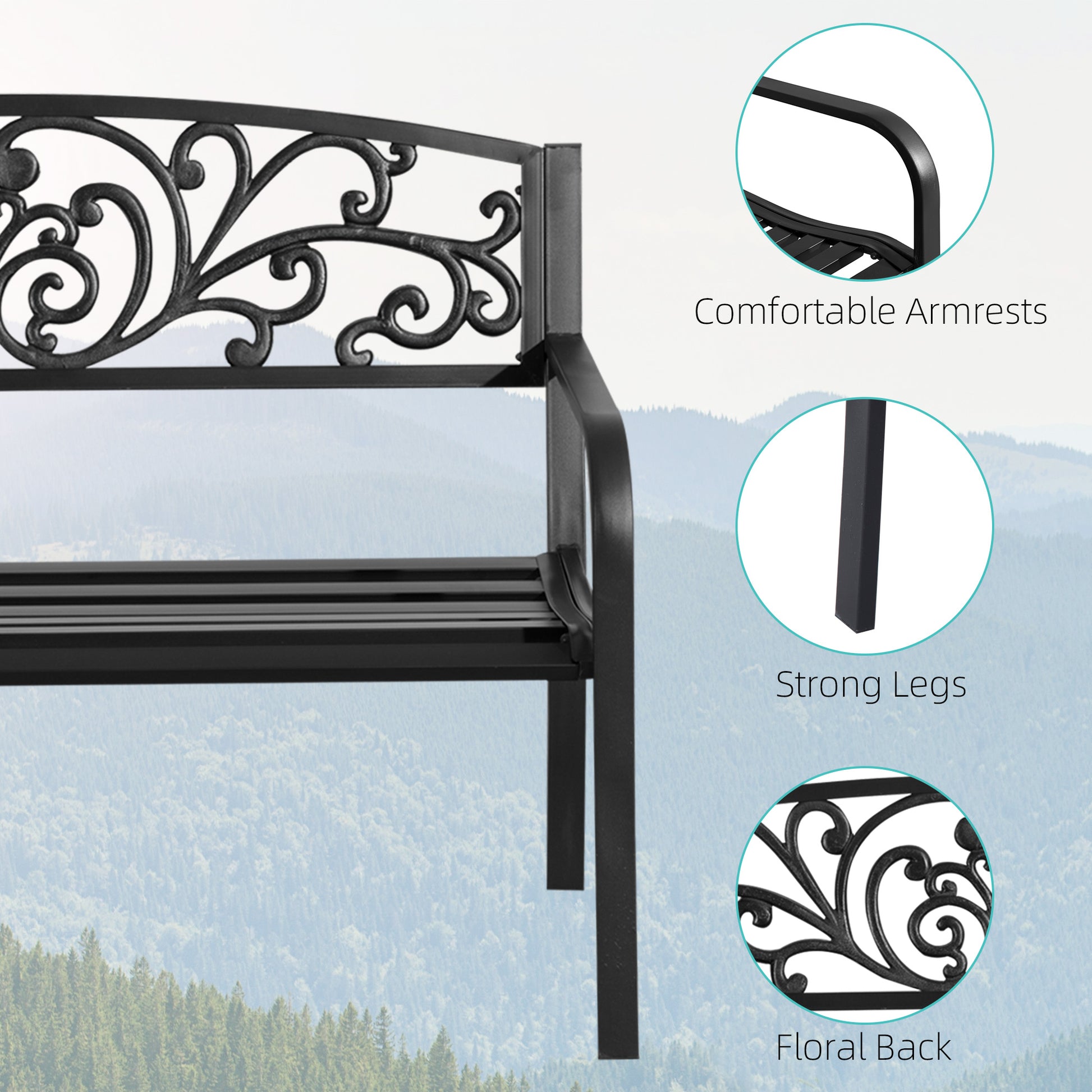 Outsunny 50" Outdoor Bench, Metal Garden Bench With Floral Pattern Backrest, Porch Bench With Slatted Seat For Park, Yard, Lawn, Black Black Iron