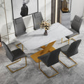 Table And Chair Set, The Table Is Equipped With A Marble Patterned Mdf Tabletop And Gold Table Legs.Dining Chairs,Gold Legged Upholstered Chairs Made Of Artificial Leather. Grey Gold Seats 6 Mdf